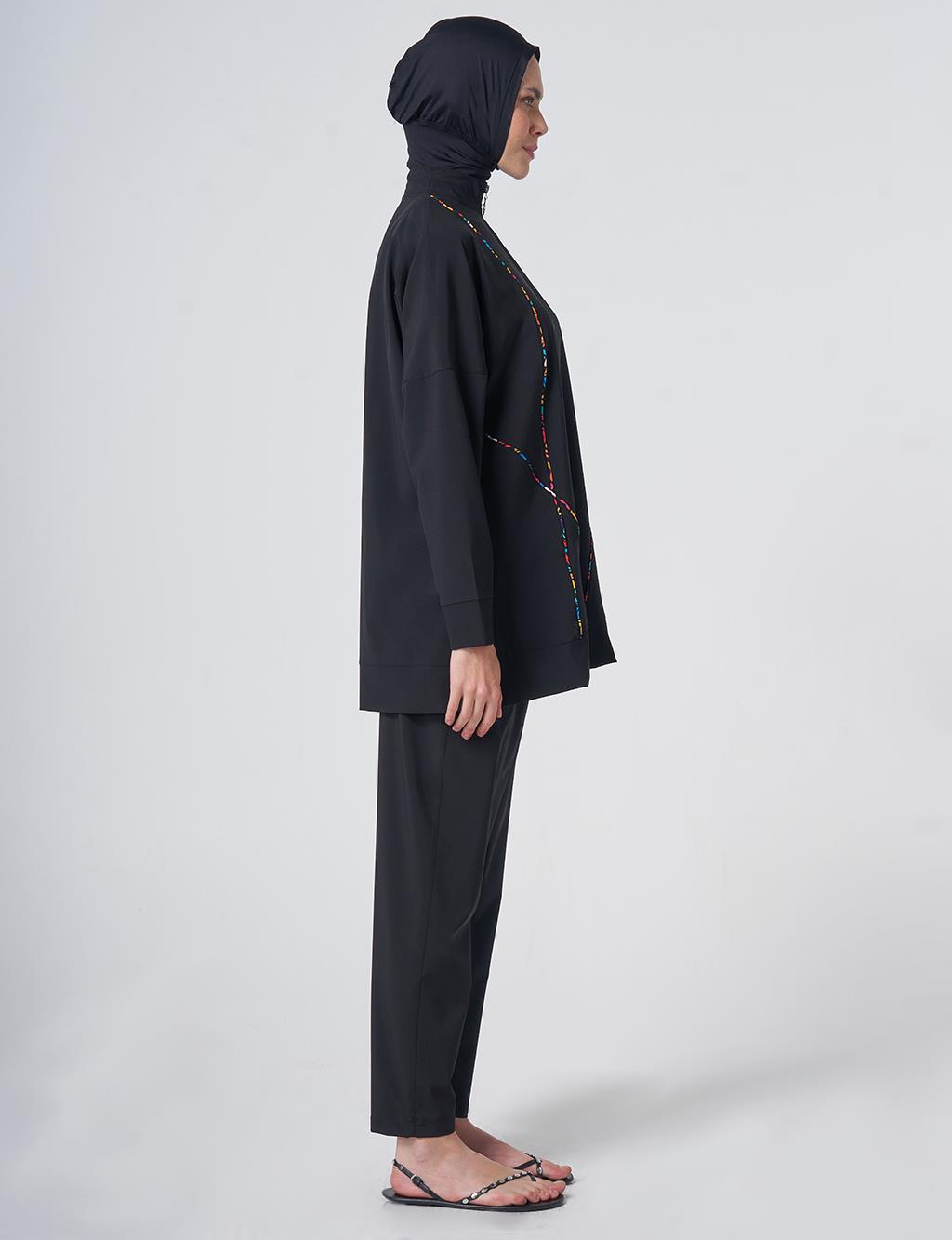 Modest Swimsuit with Multicolored Stripe Details - Black
