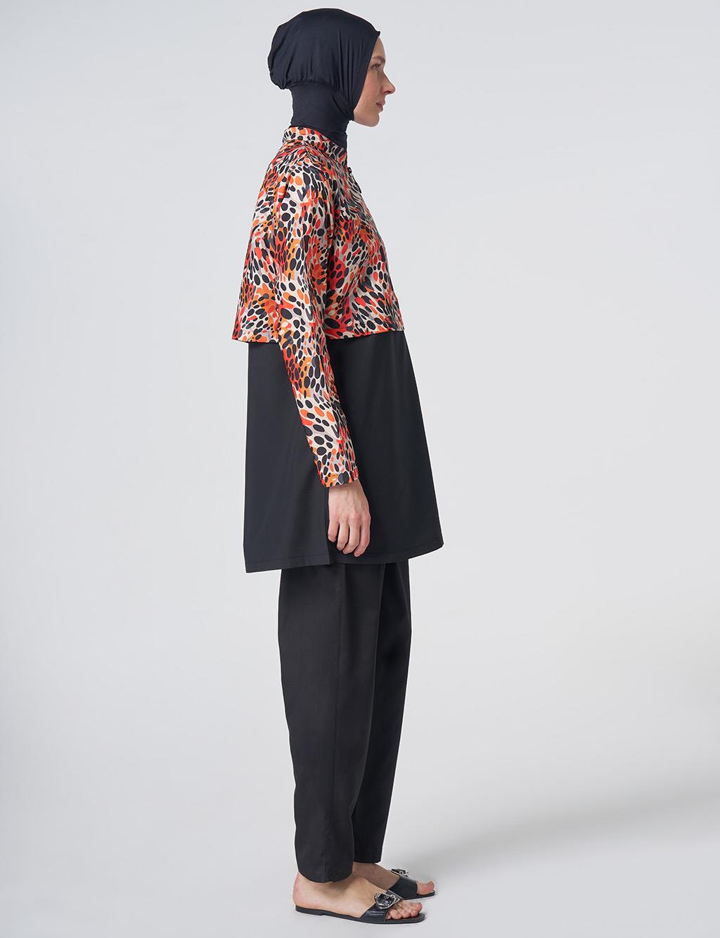 Speckled Print Modest Swimsuit - Black