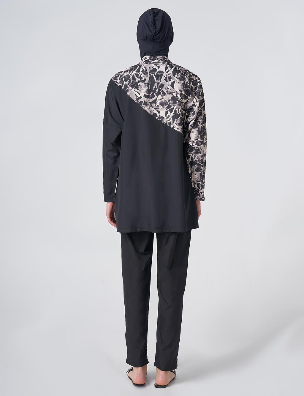 Marble Pattern Modest Swimsuit - Black
