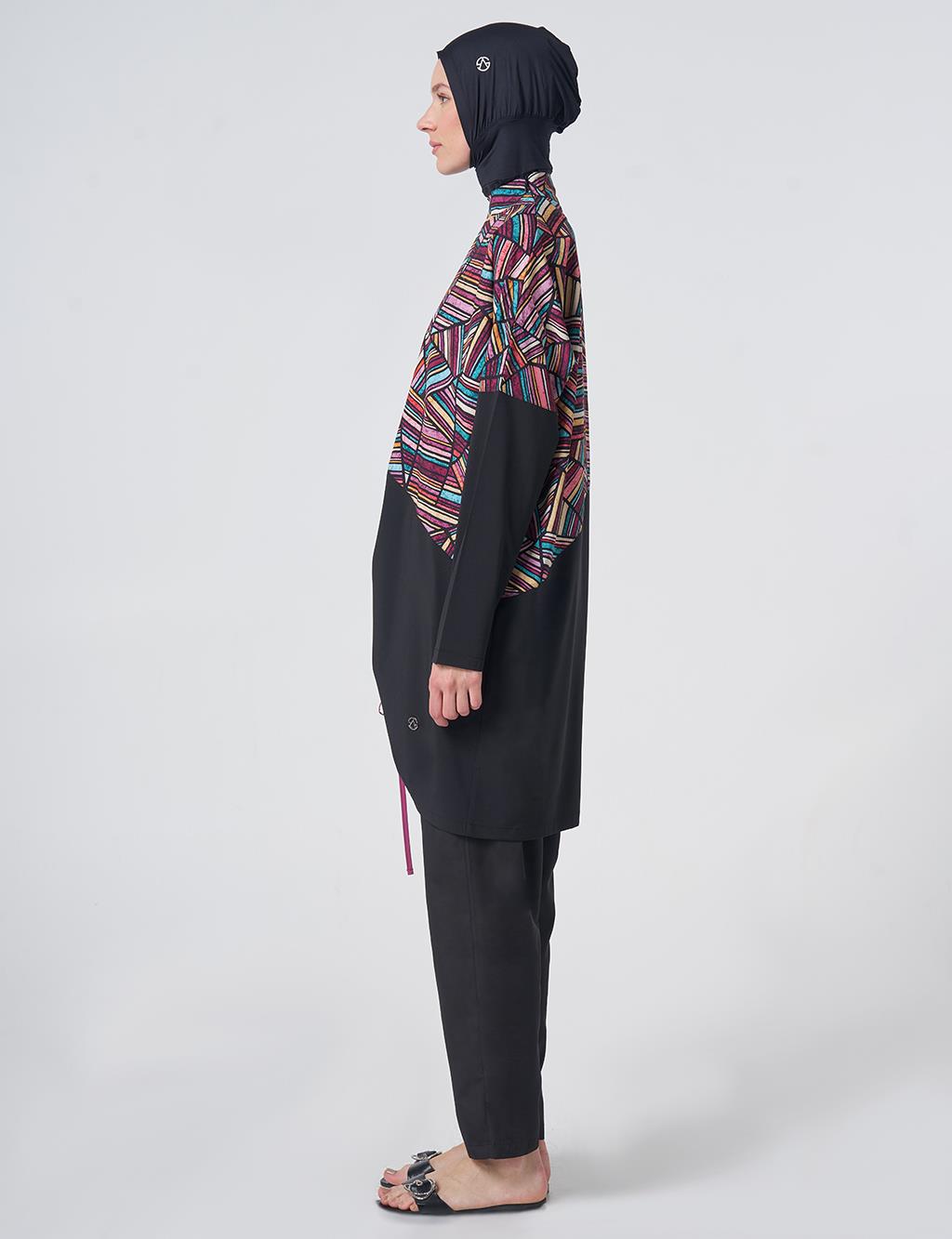 Geometric Pattern Modest Swimsuit - Black