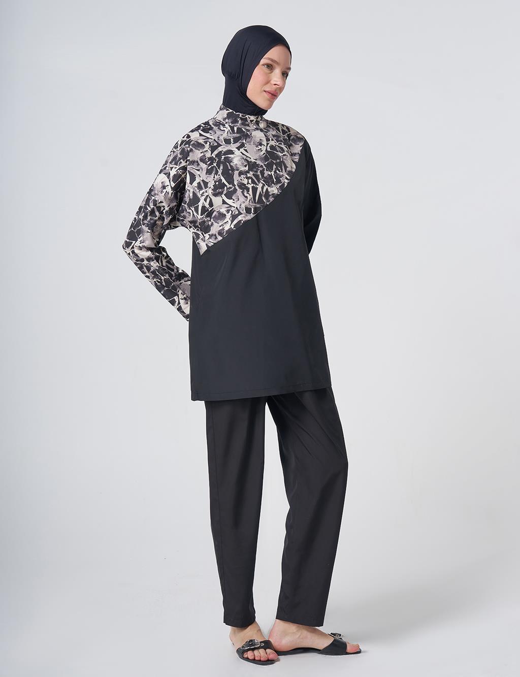 Marble Pattern Modest Swimsuit - Black
