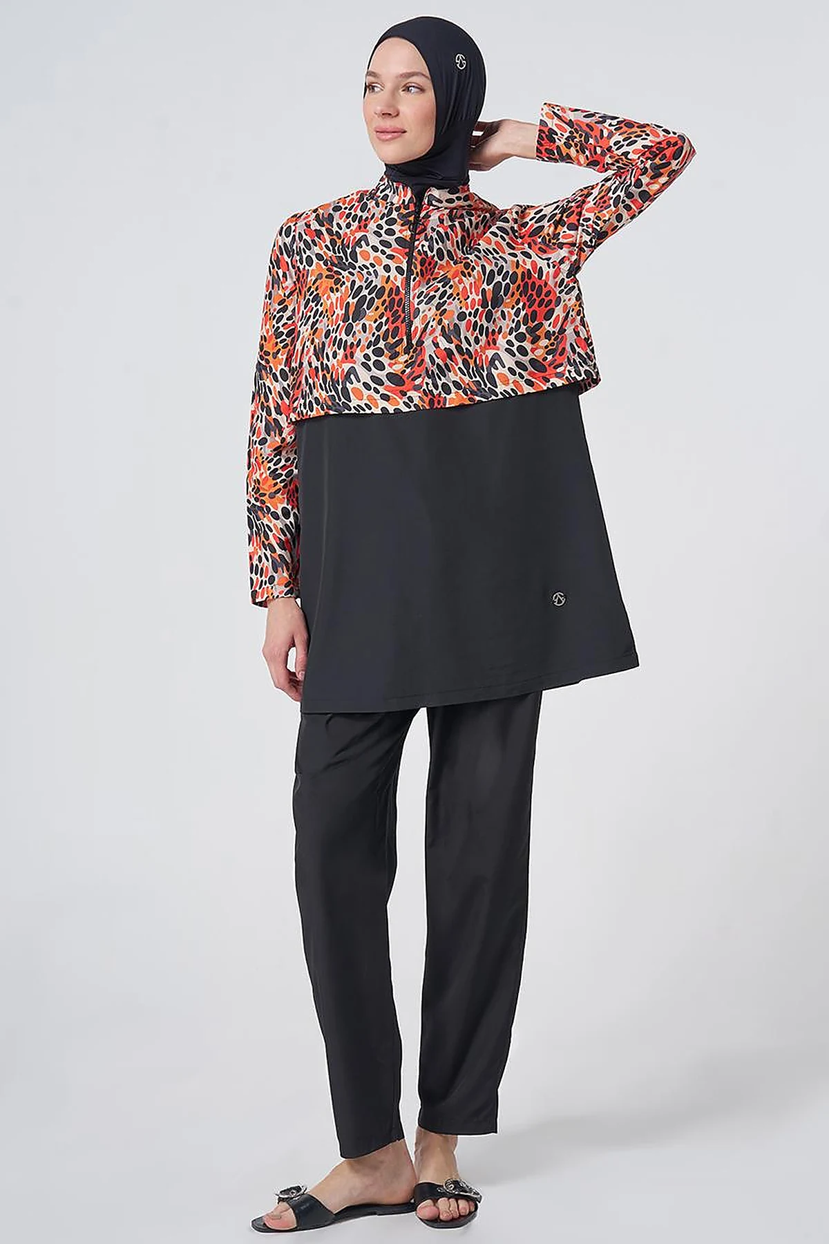 Speckled Print Modest Swimsuit - Black