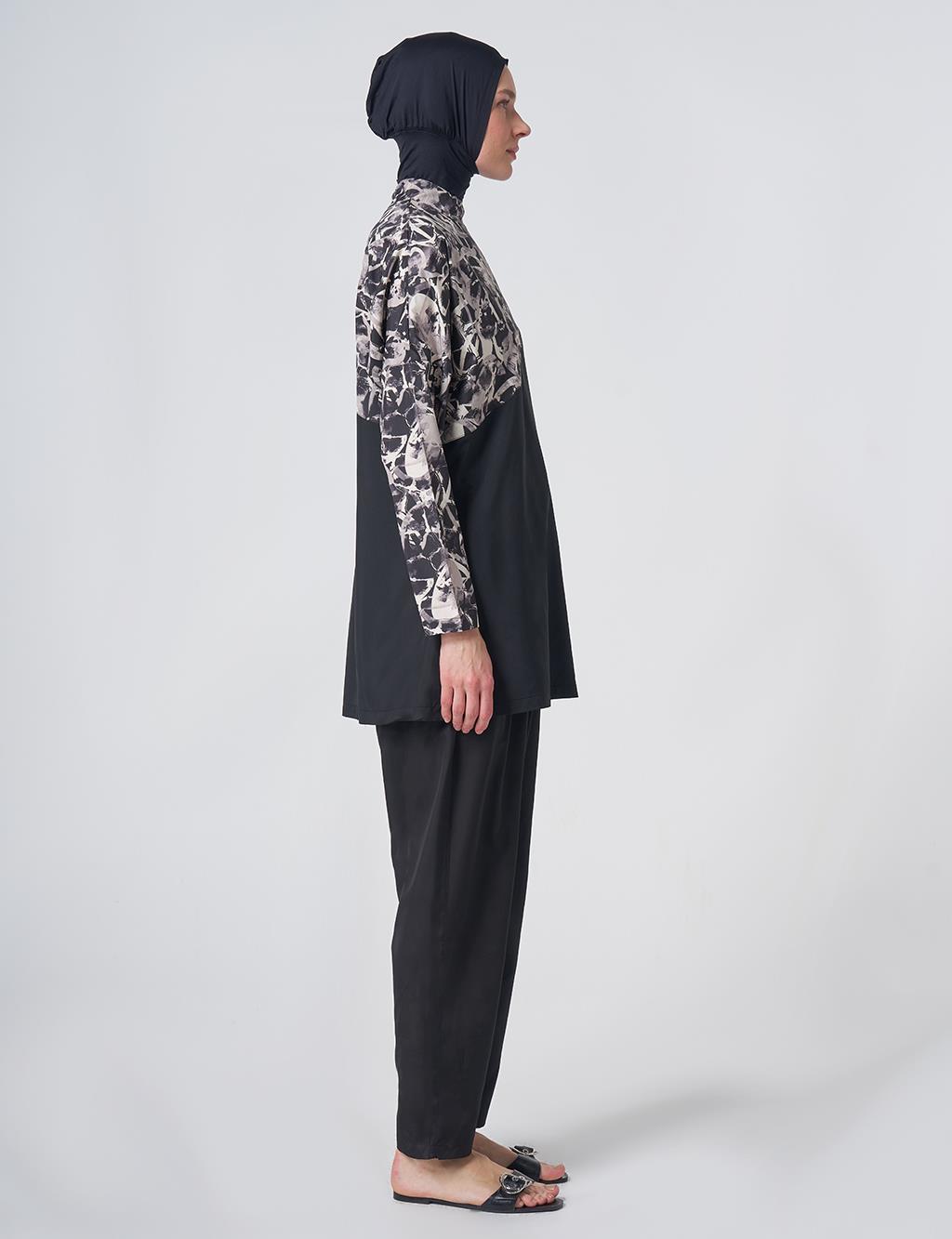 Marble Pattern Modest Swimsuit - Black