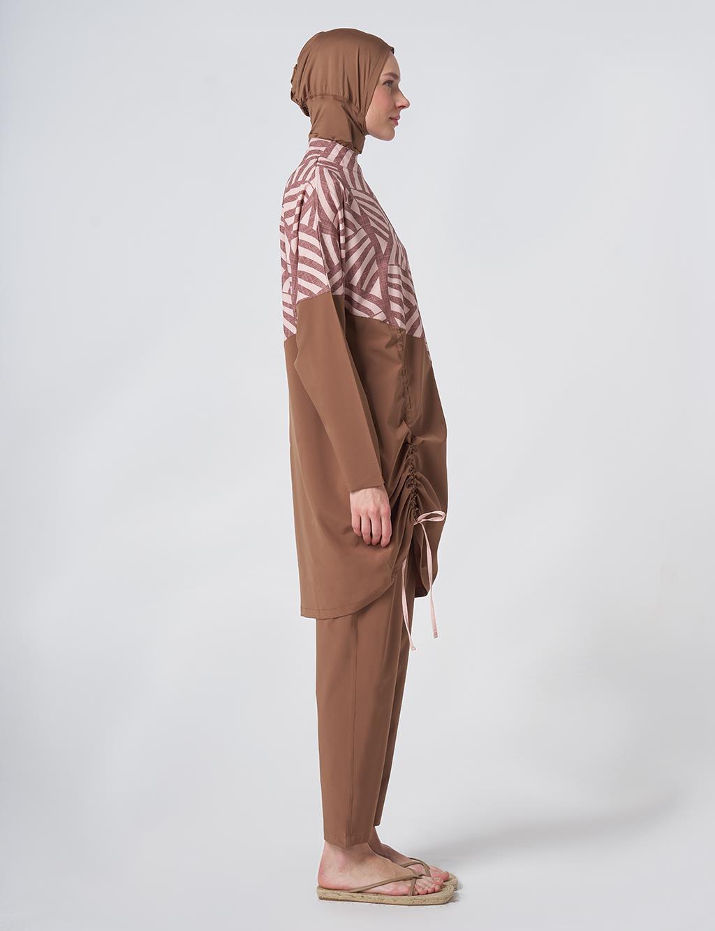 Patterned Modest Swimsuit - Light Brown