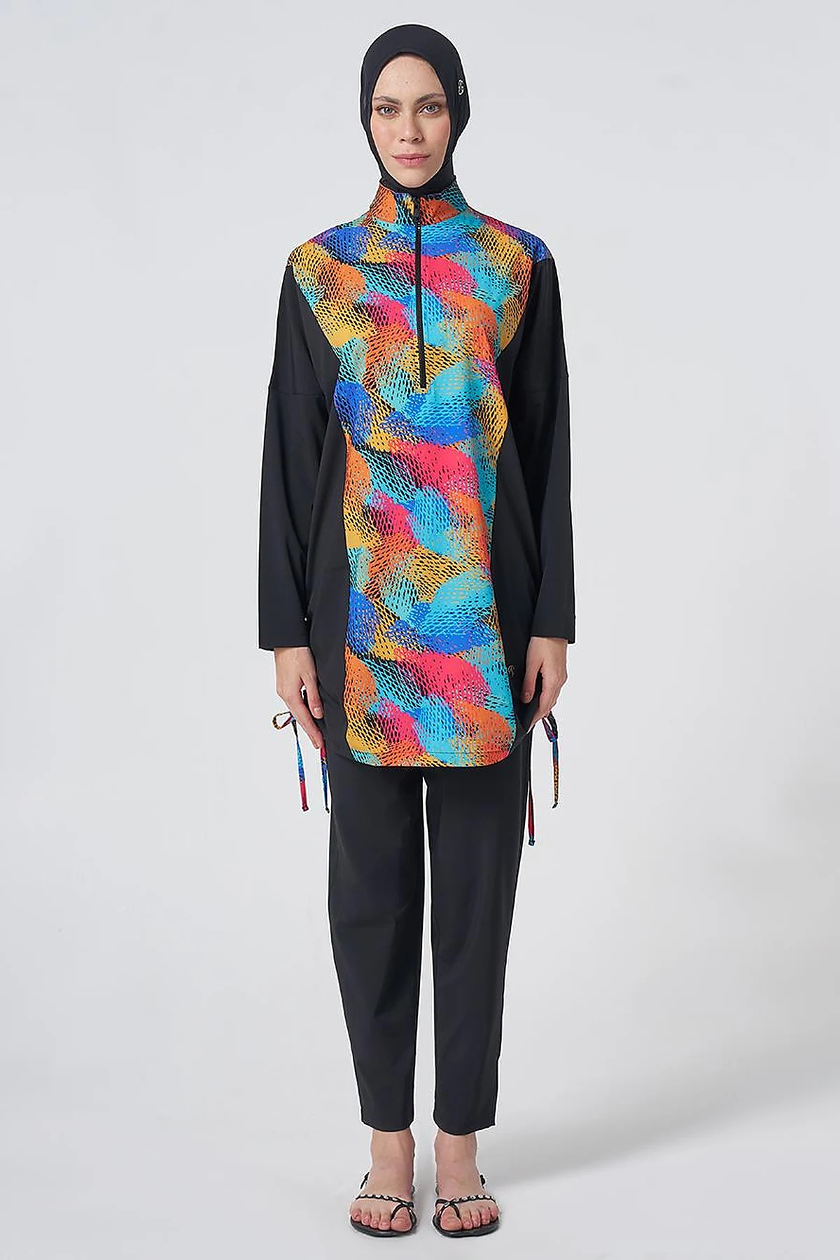 Multicolored Patterned Modest Swimsuit - Black
