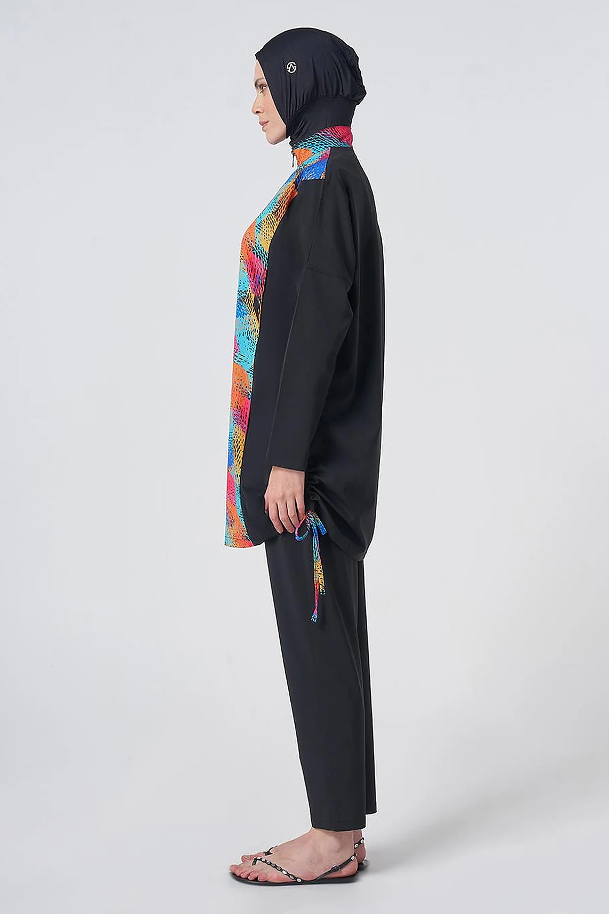 Multicolored Patterned Modest Swimsuit - Black