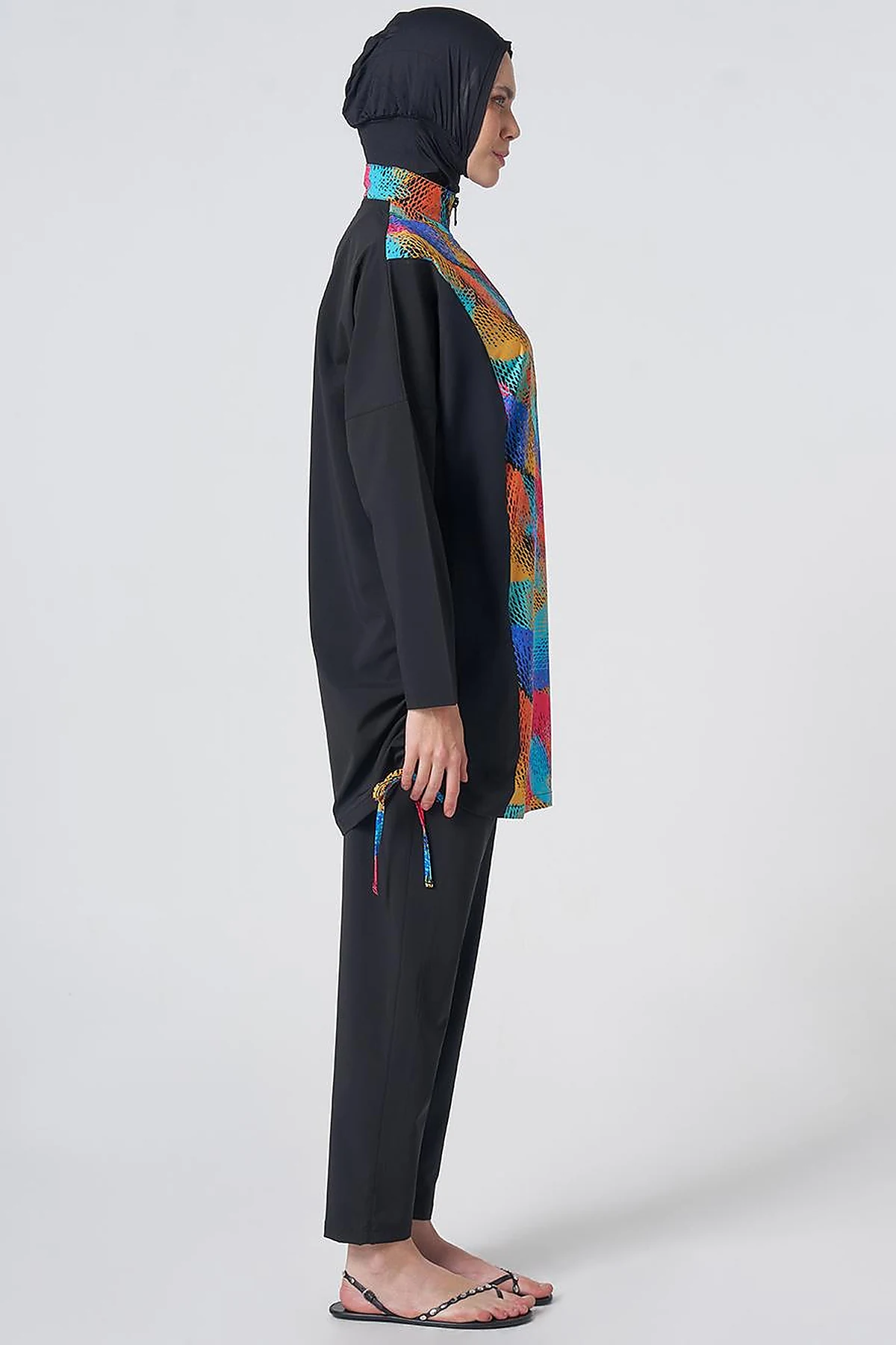 Multicolored Patterned Modest Swimsuit - Black