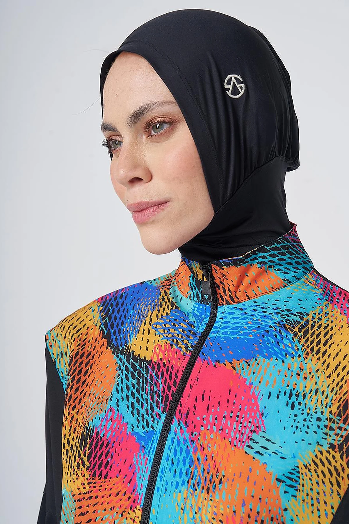 Multicolored Patterned Modest Swimsuit - Black