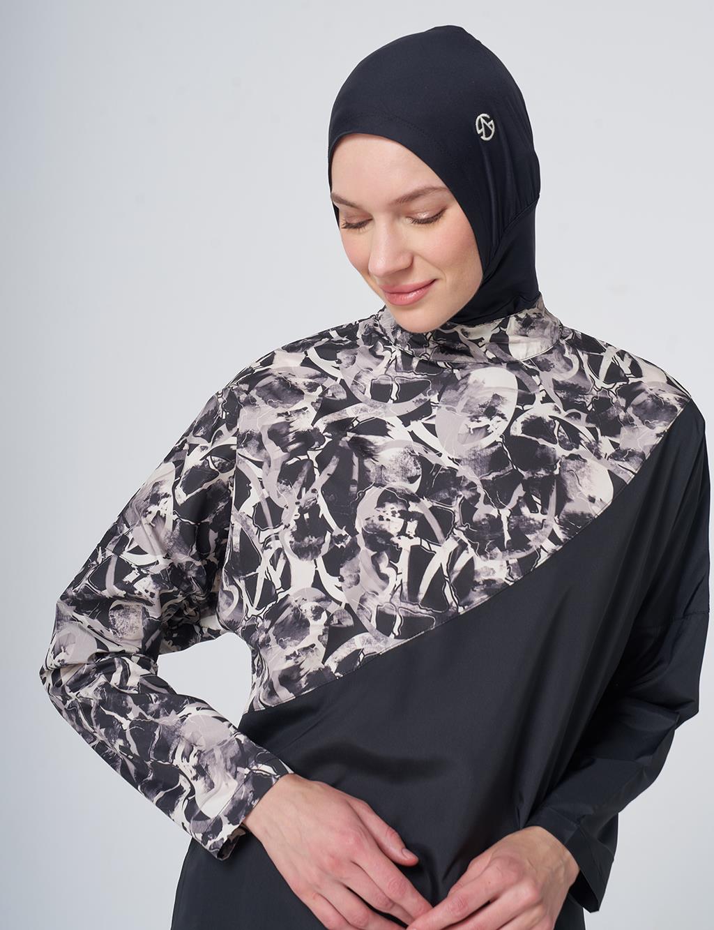 Marble Pattern Modest Swimsuit - Black
