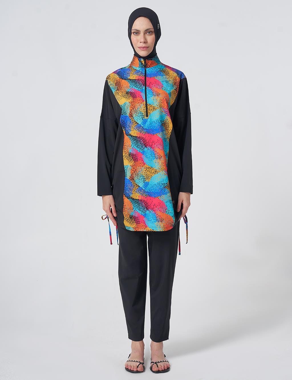 Multicolored Patterned Modest Swimsuit - Black
