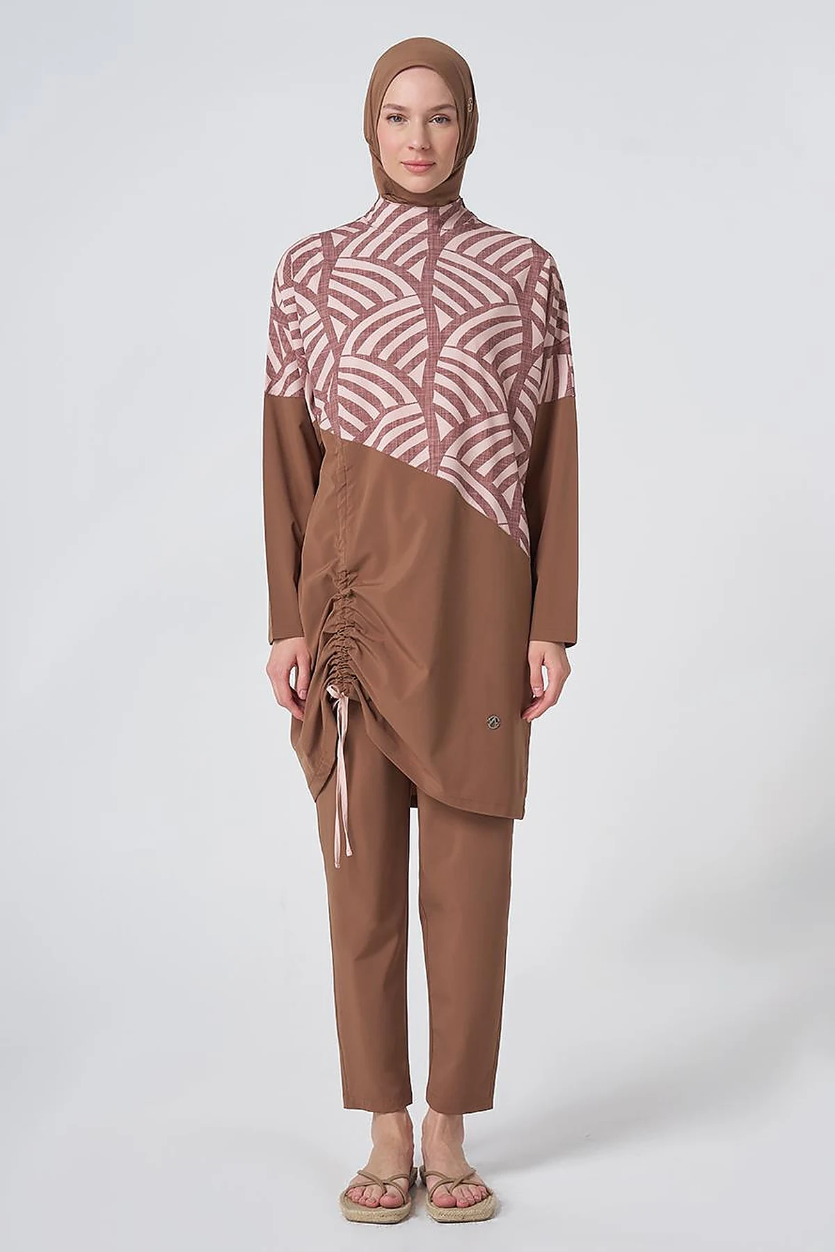 Patterned Modest Swimsuit - Light Brown