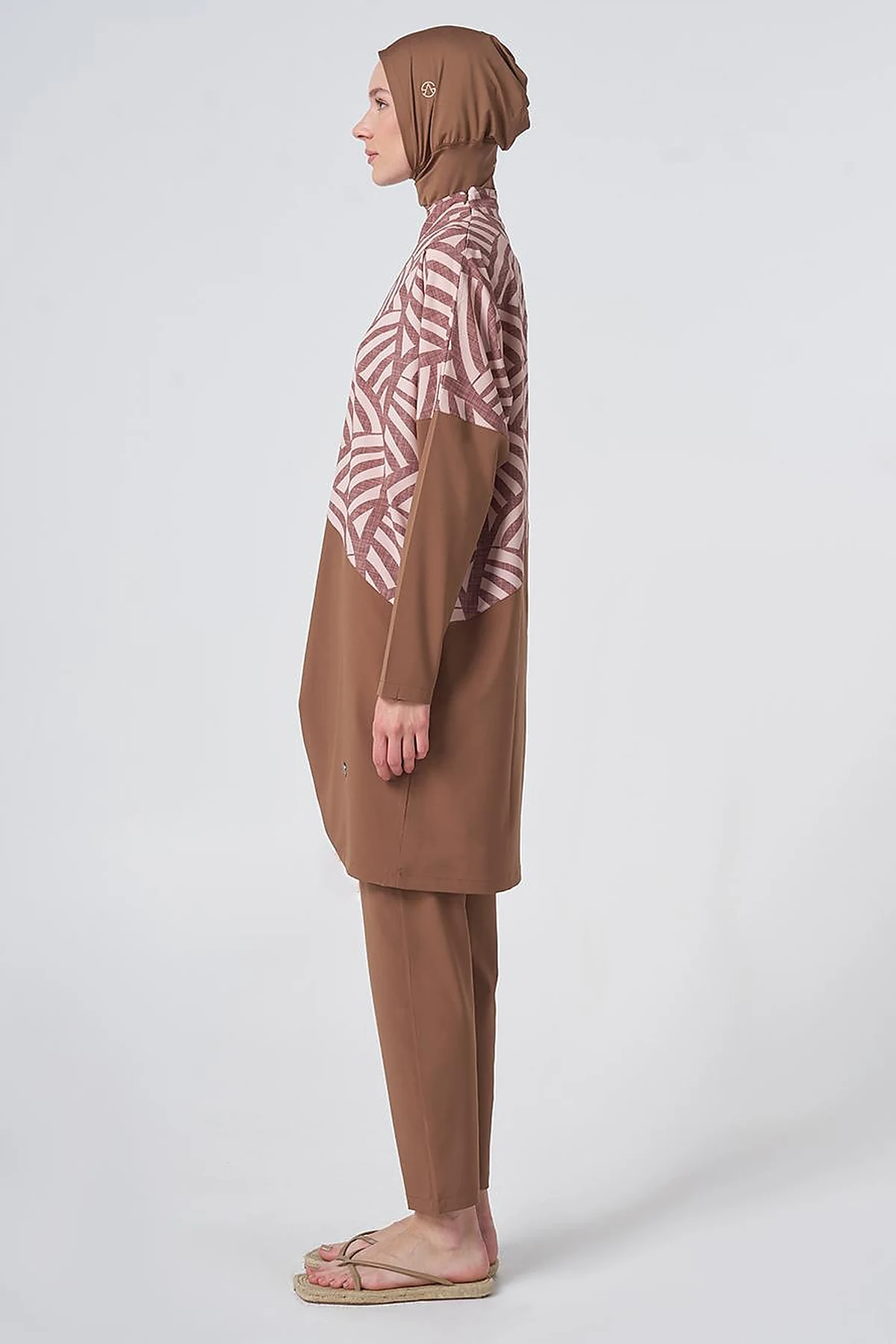 Patterned Modest Swimsuit - Light Brown