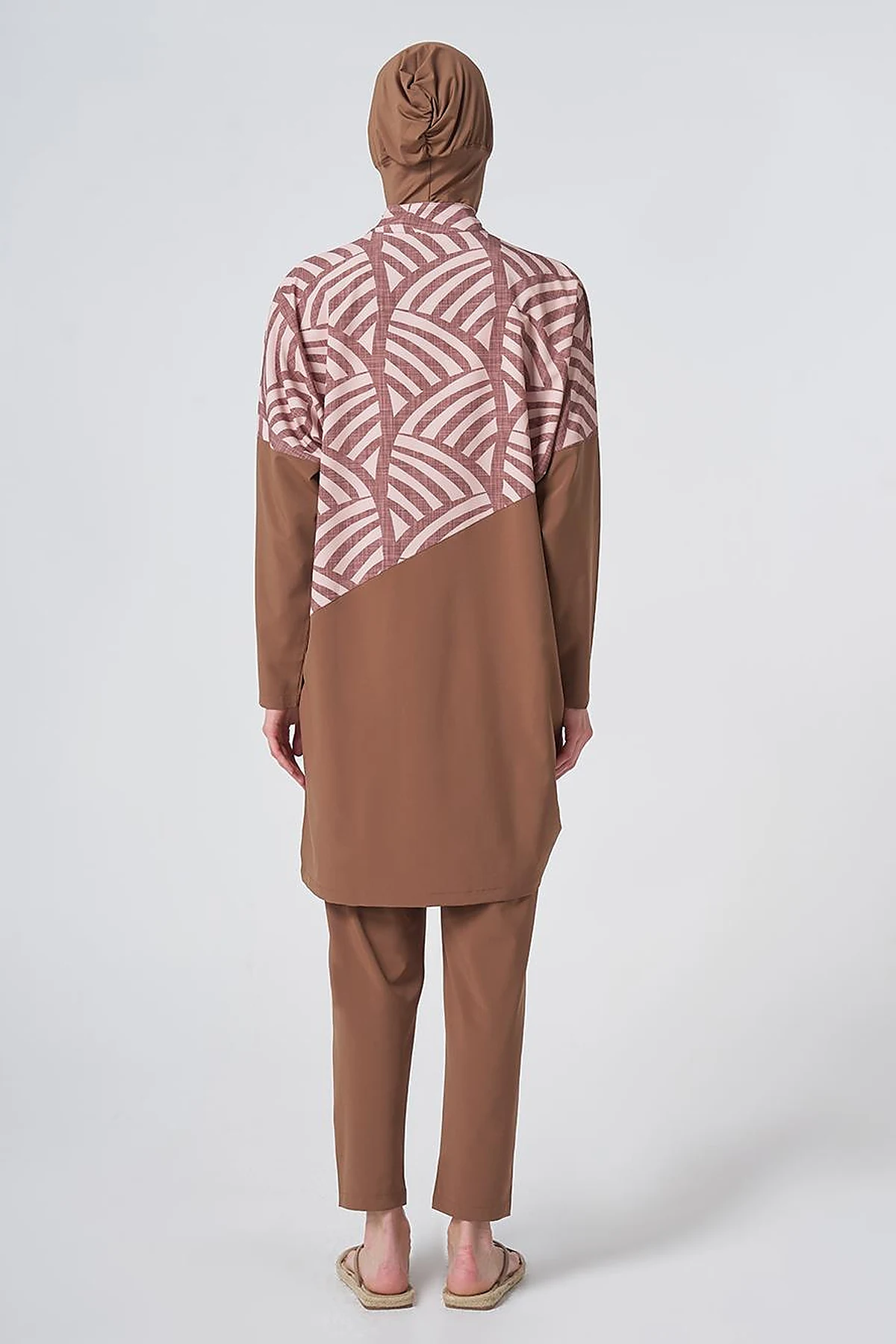 Patterned Modest Swimsuit - Light Brown