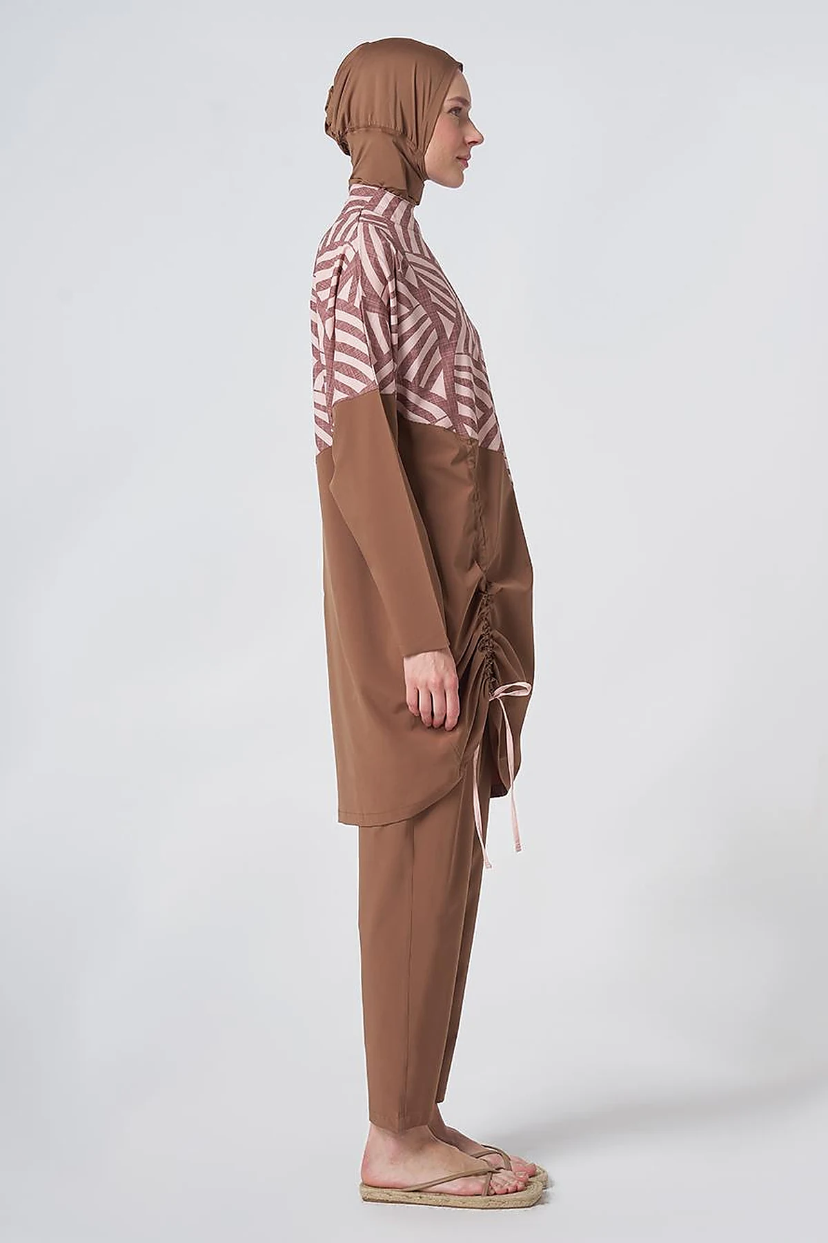 Patterned Modest Swimsuit - Light Brown