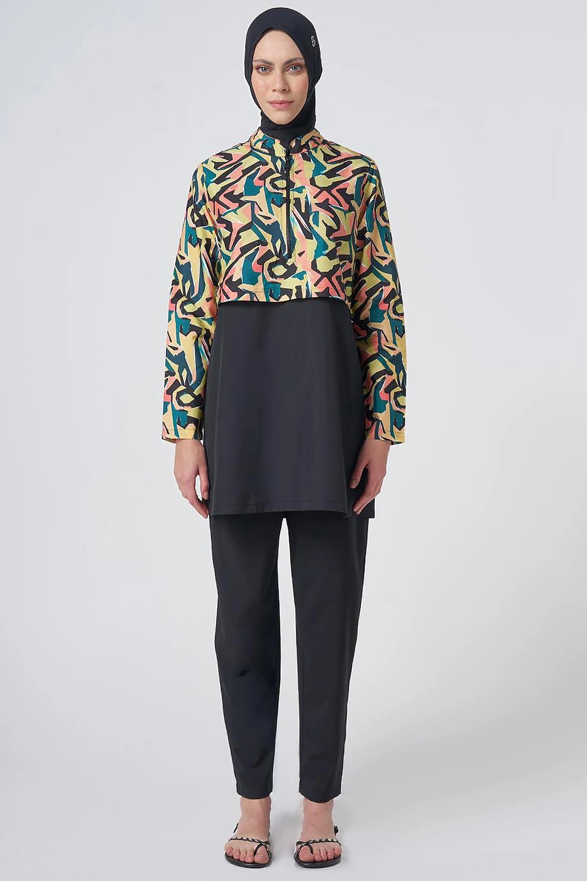 Patterned Modest Swimsuit - Black