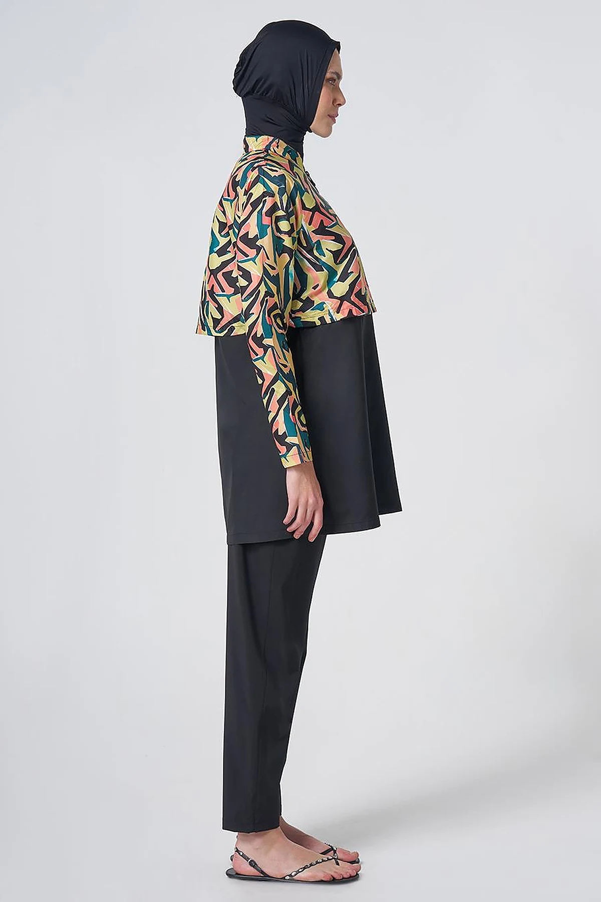 Patterned Modest Swimsuit - Black