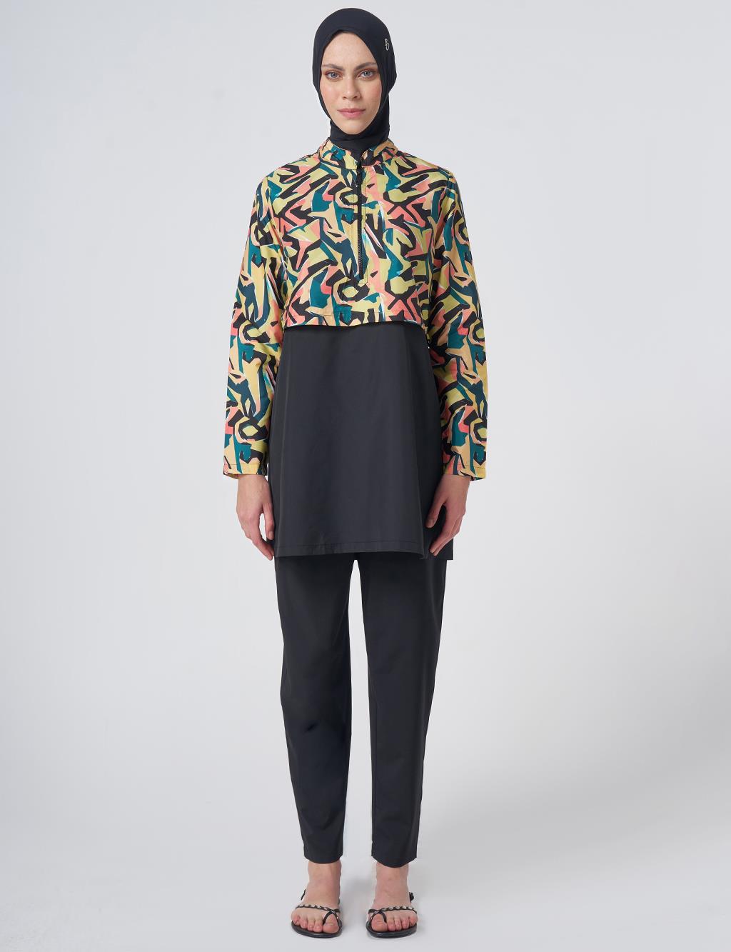 Patterned Modest Swimsuit - Black