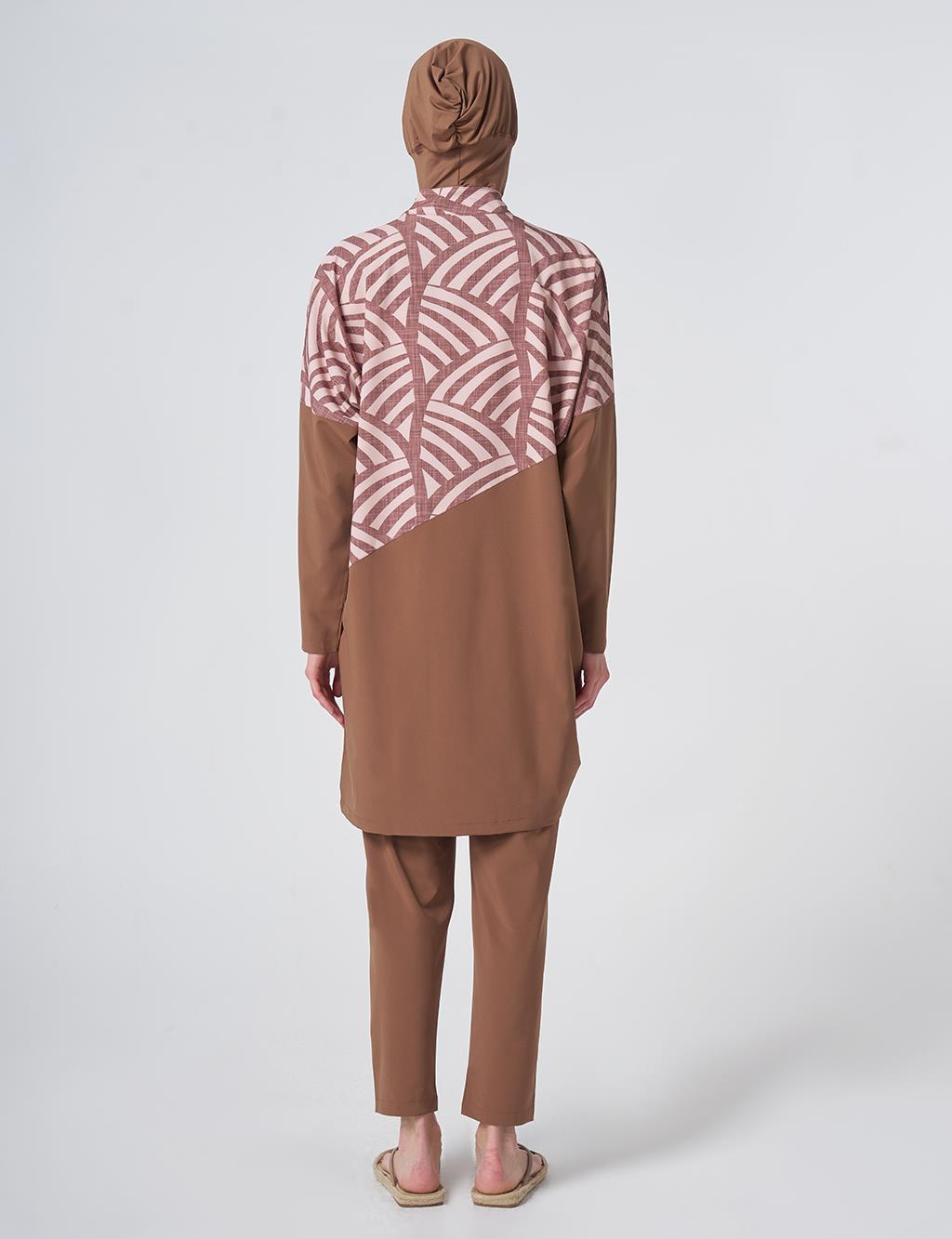 Patterned Modest Swimsuit - Light Brown