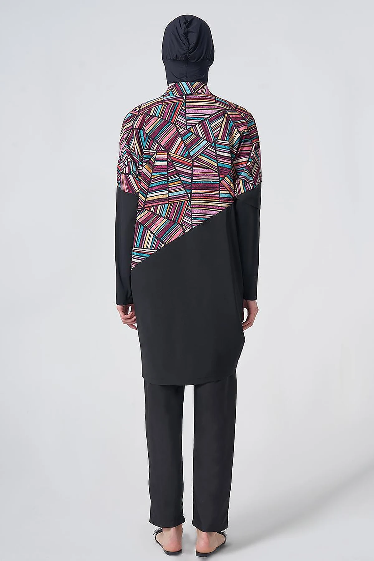 Geometric Pattern Modest Swimsuit - Black