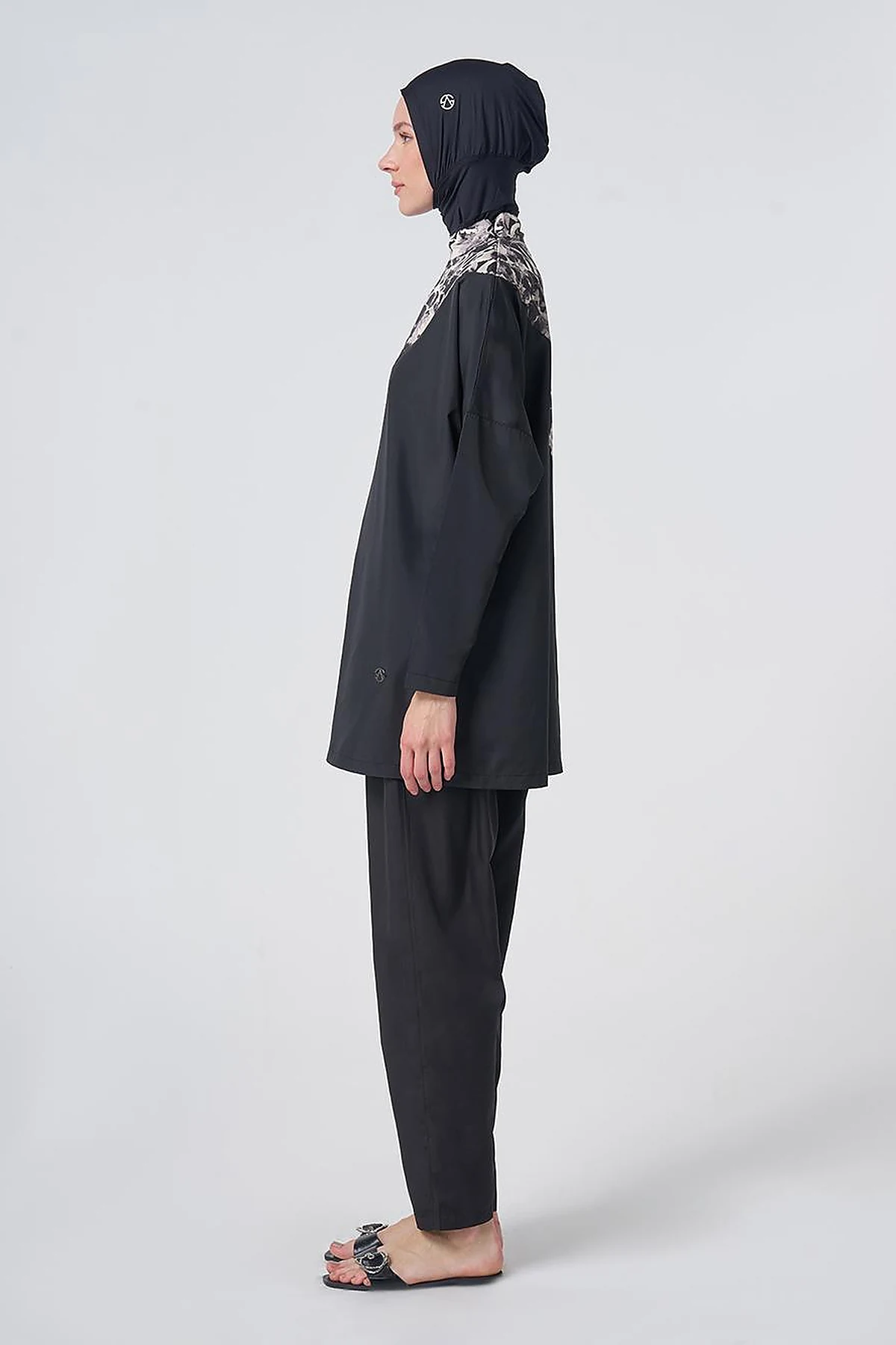 Marble Pattern Modest Swimsuit - Black