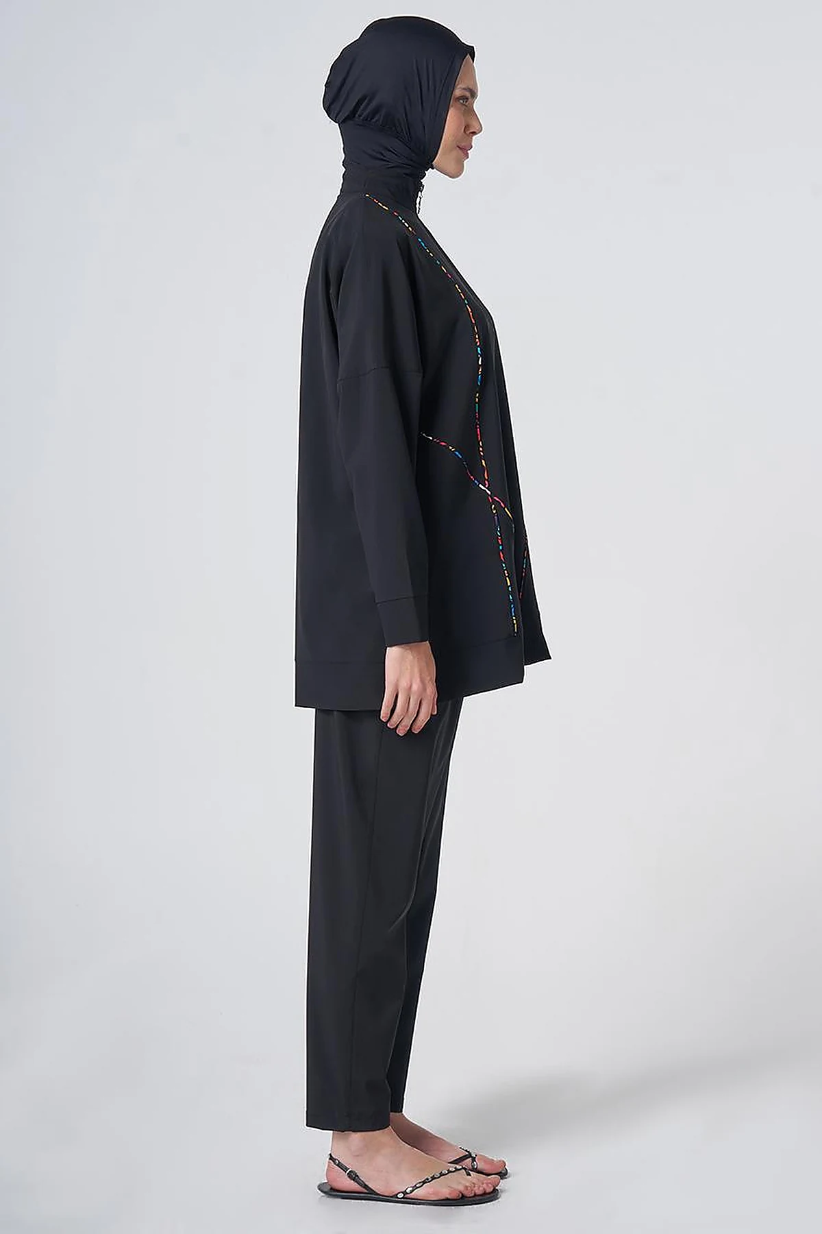 Modest Swimsuit with Multicolored Stripe Details - Black