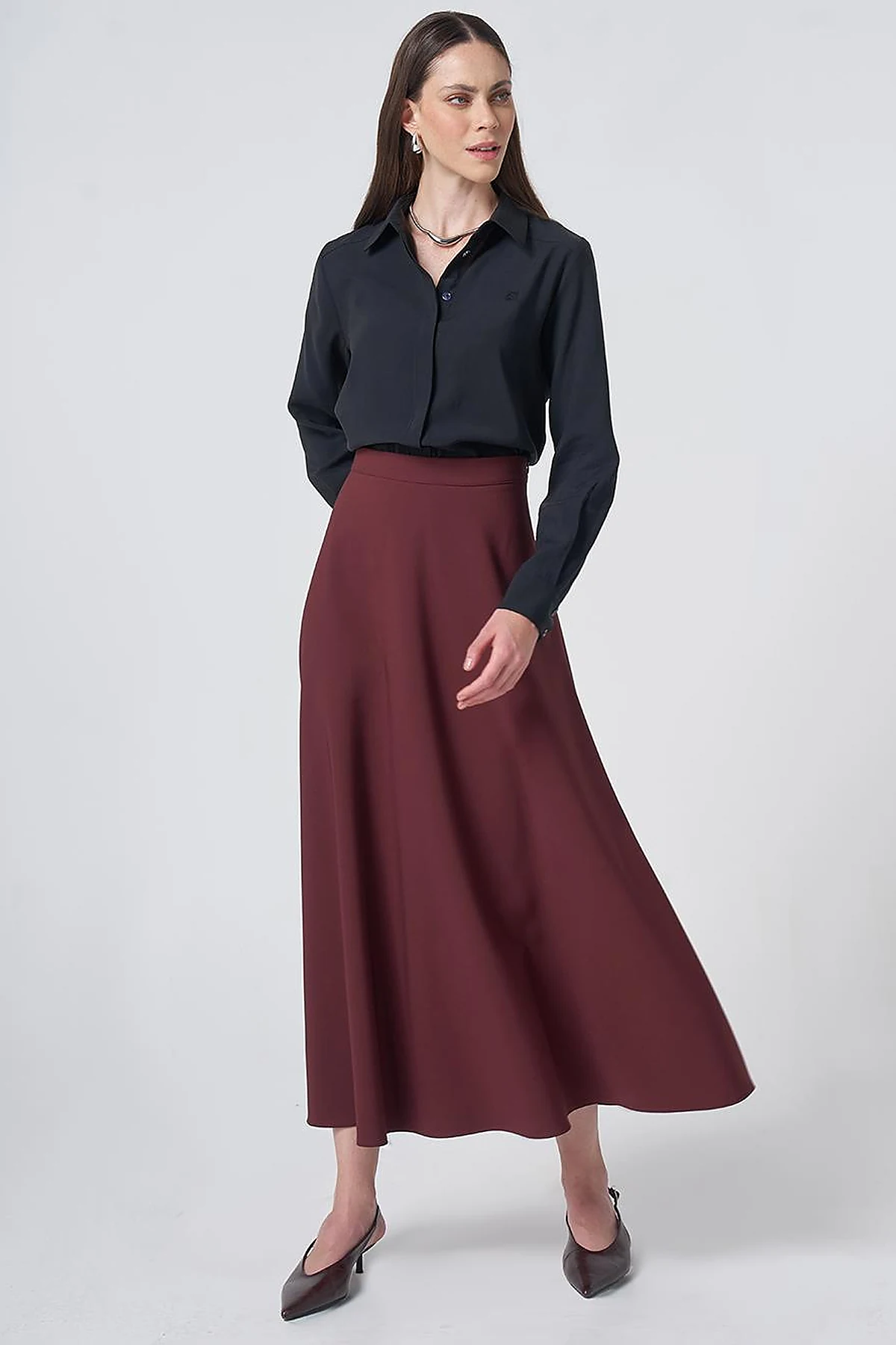 High-Waisted Flared Skirt - Burgundy