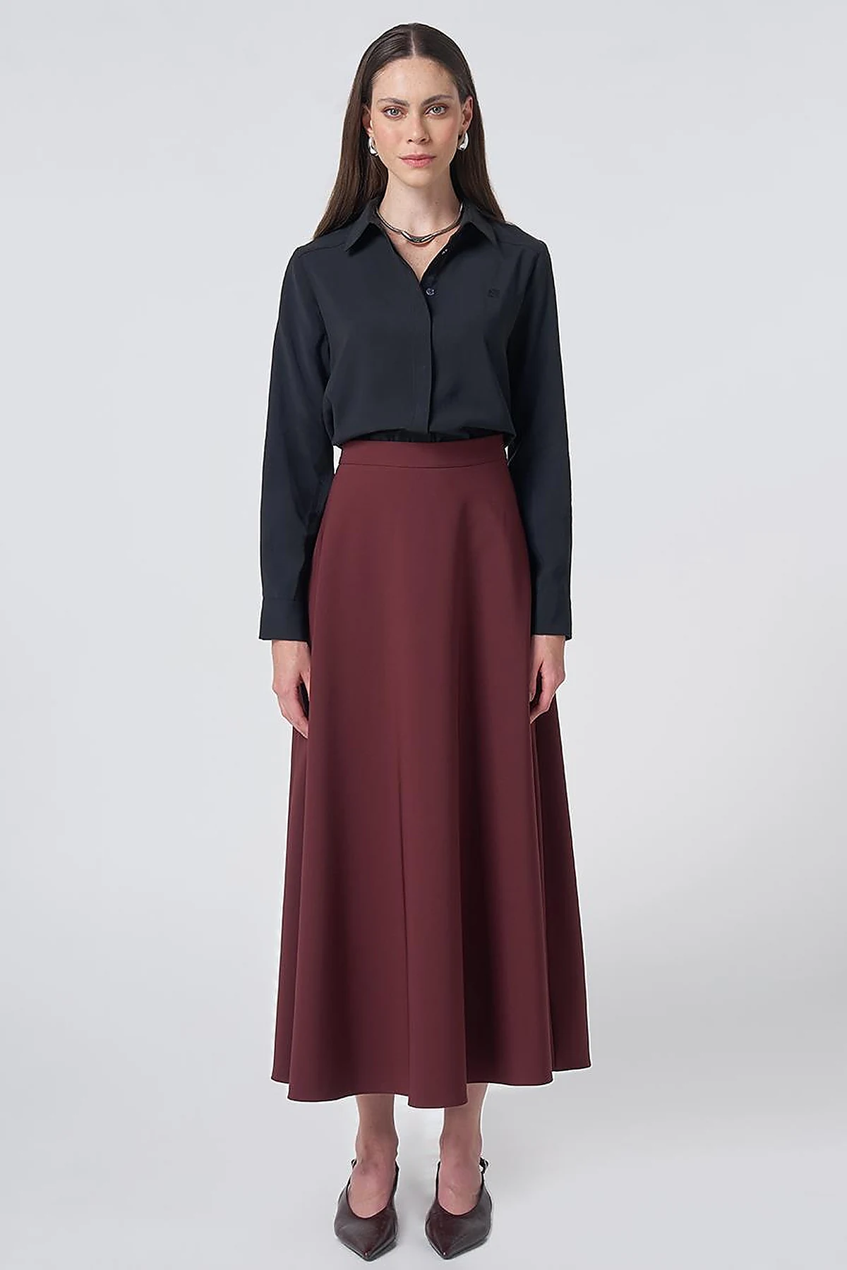 High-Waisted Flared Skirt - Burgundy