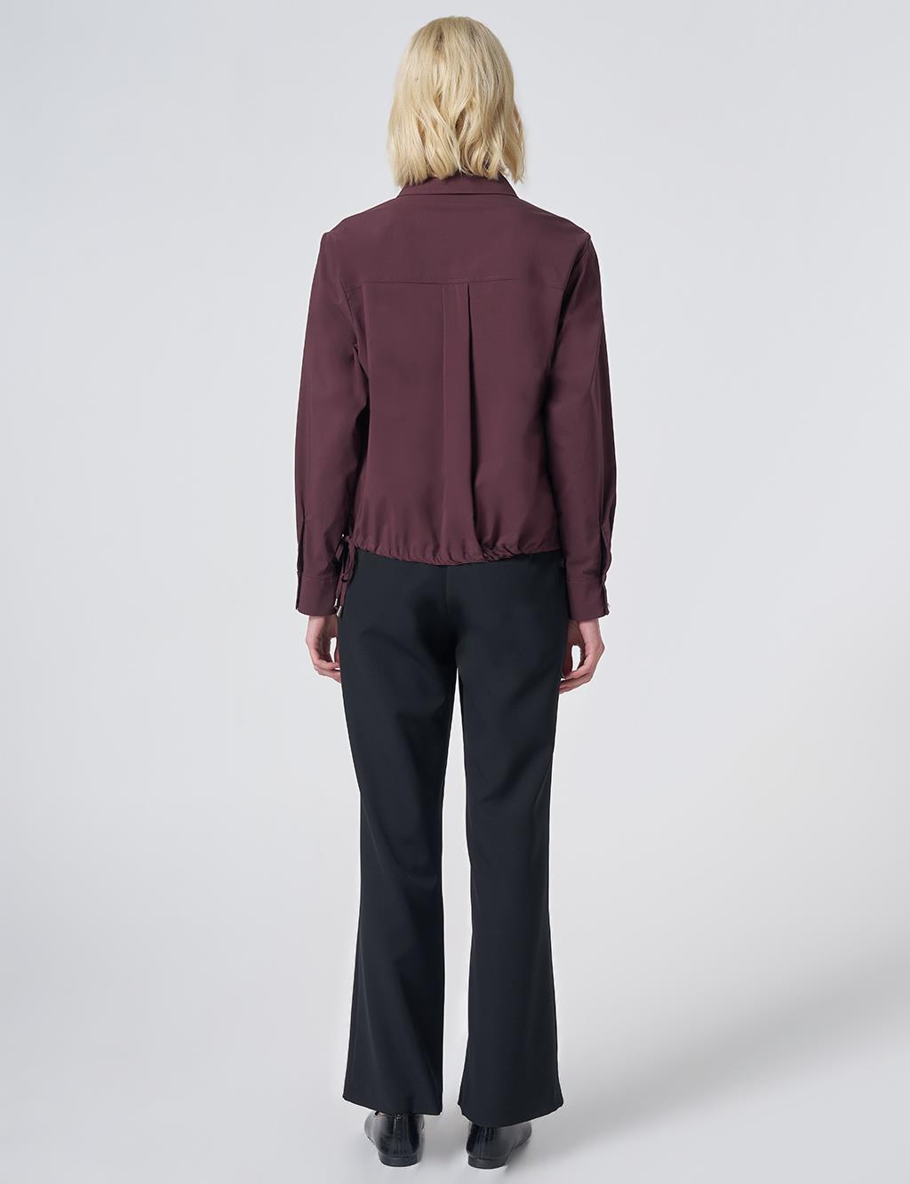 Pocket Detail Cotton Basic Blouse - Burgundy
