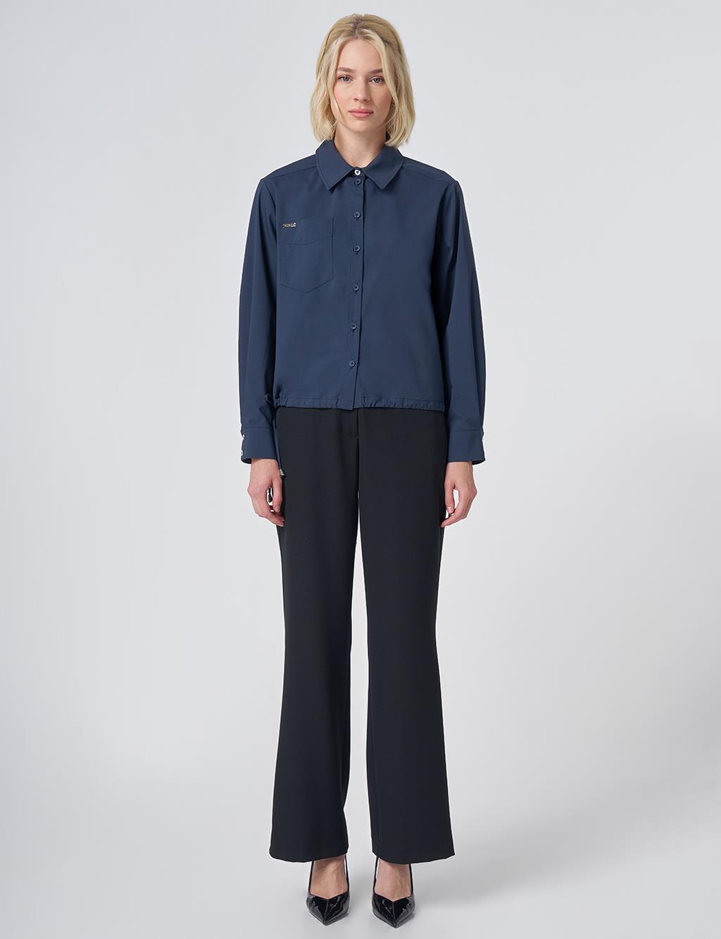 Pocket Detail Cotton Basic Blouse - Navy