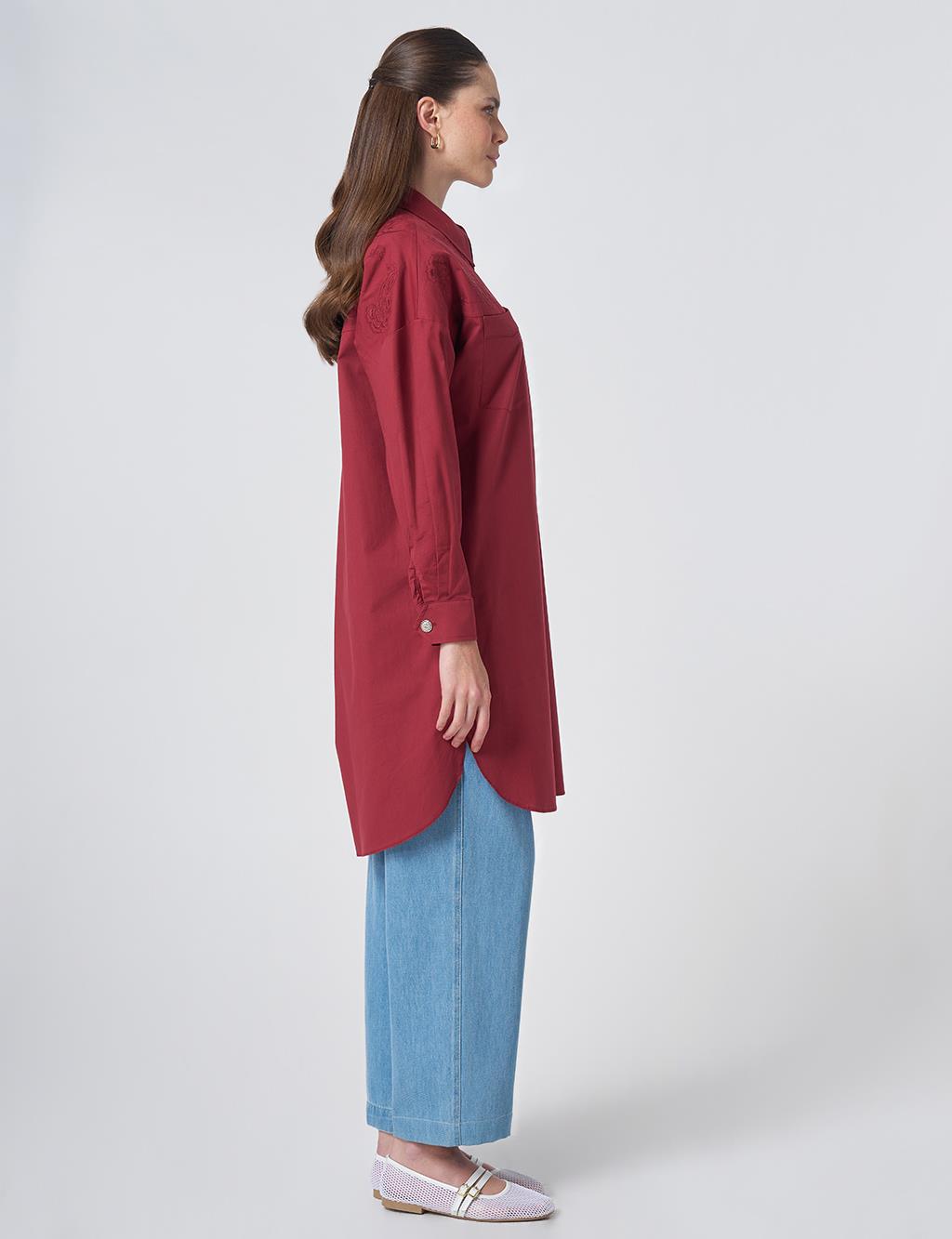 Embroidered Detail Cotton Tunic - Tibetan Red