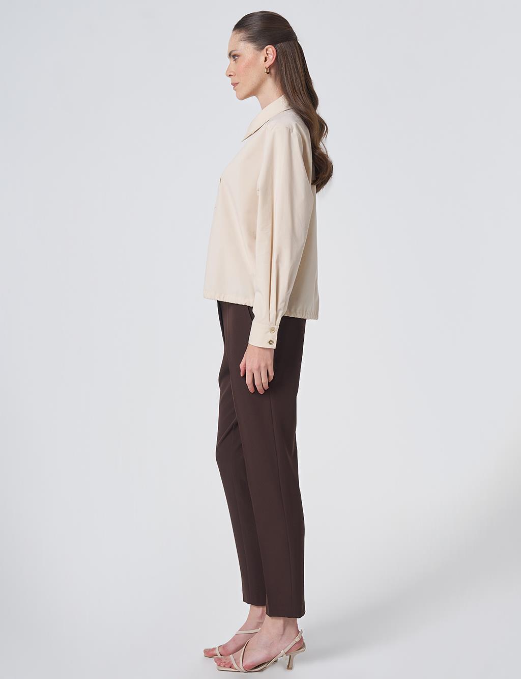 Pocket Detail Cotton Basic Blouse - Cream