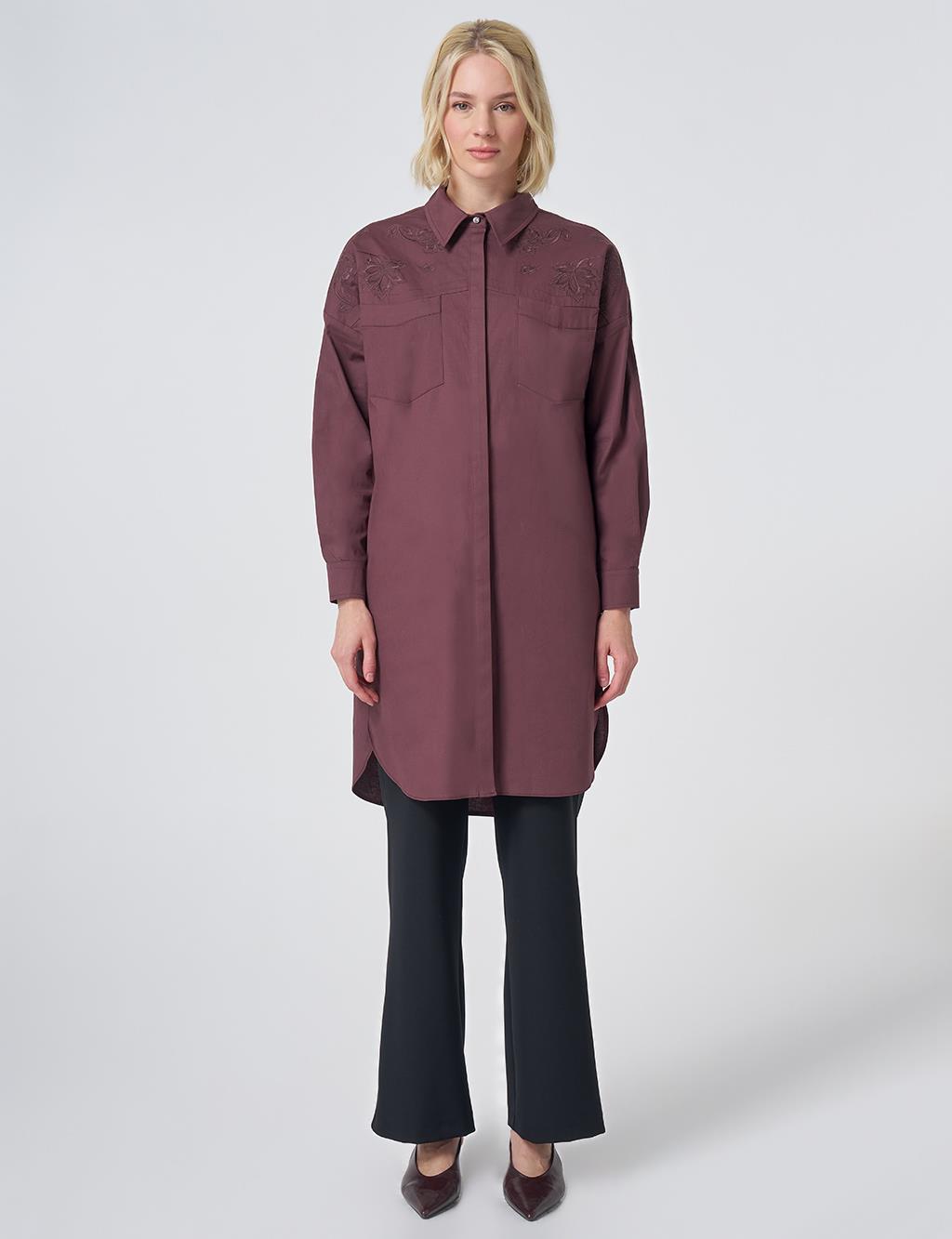 Embroidered Detail Cotton Tunic - Cocoa Powder