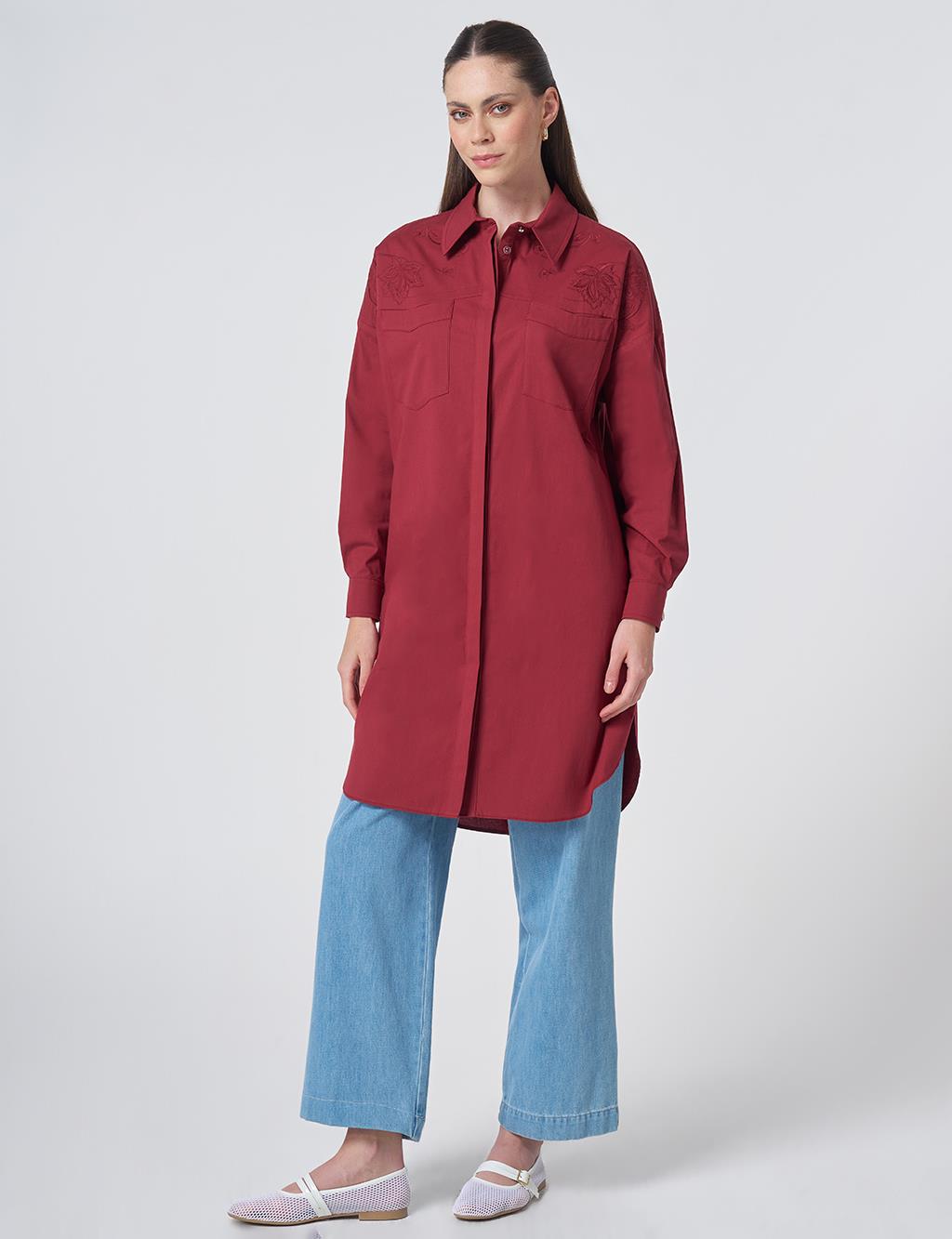 Embroidered Detail Cotton Tunic - Tibetan Red