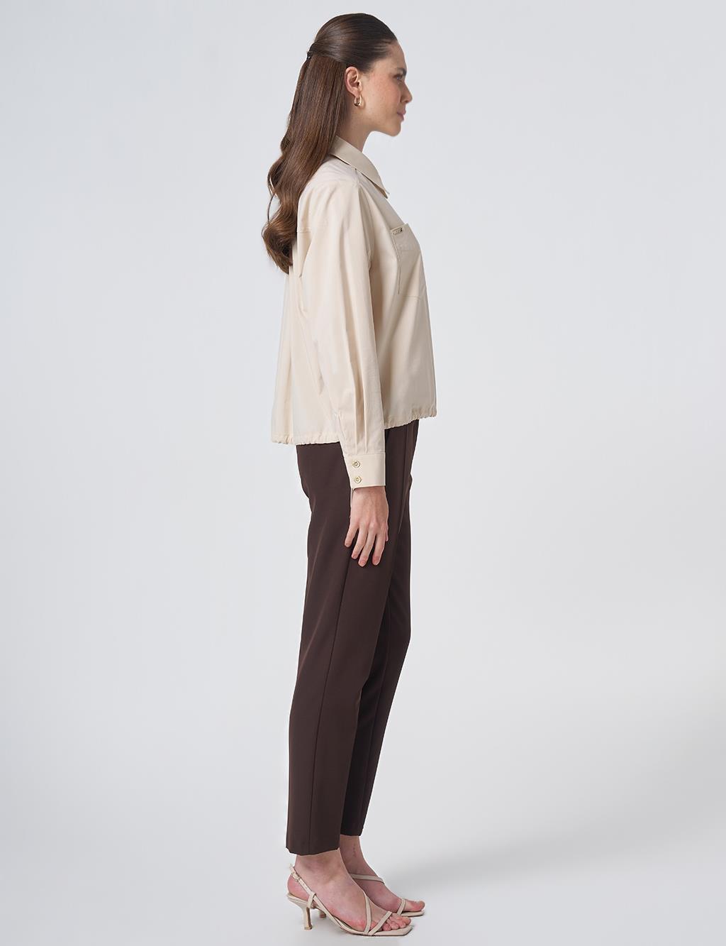 Pocket Detail Cotton Basic Blouse - Cream