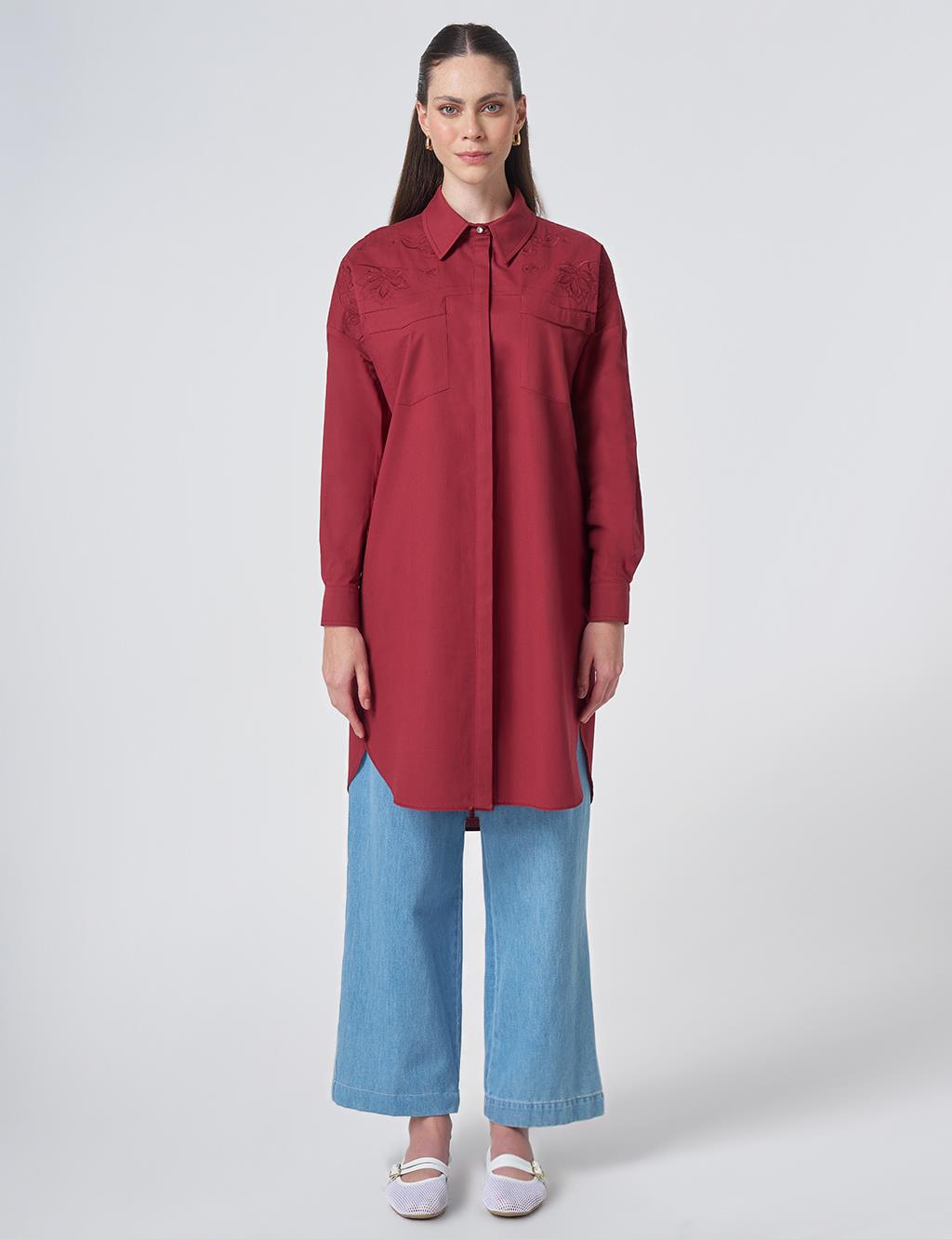Embroidered Detail Cotton Tunic - Tibetan Red