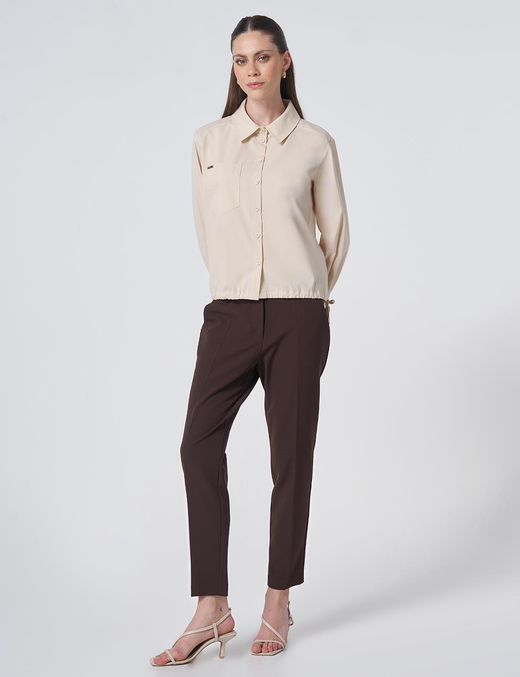 Pocket Detail Cotton Basic Blouse - Cream