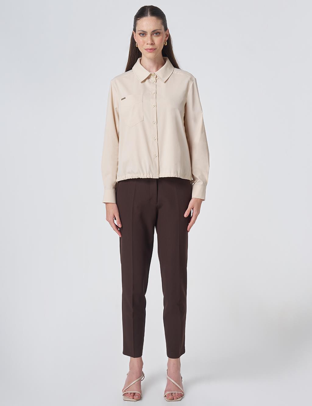 Pocket Detail Cotton Basic Blouse - Cream