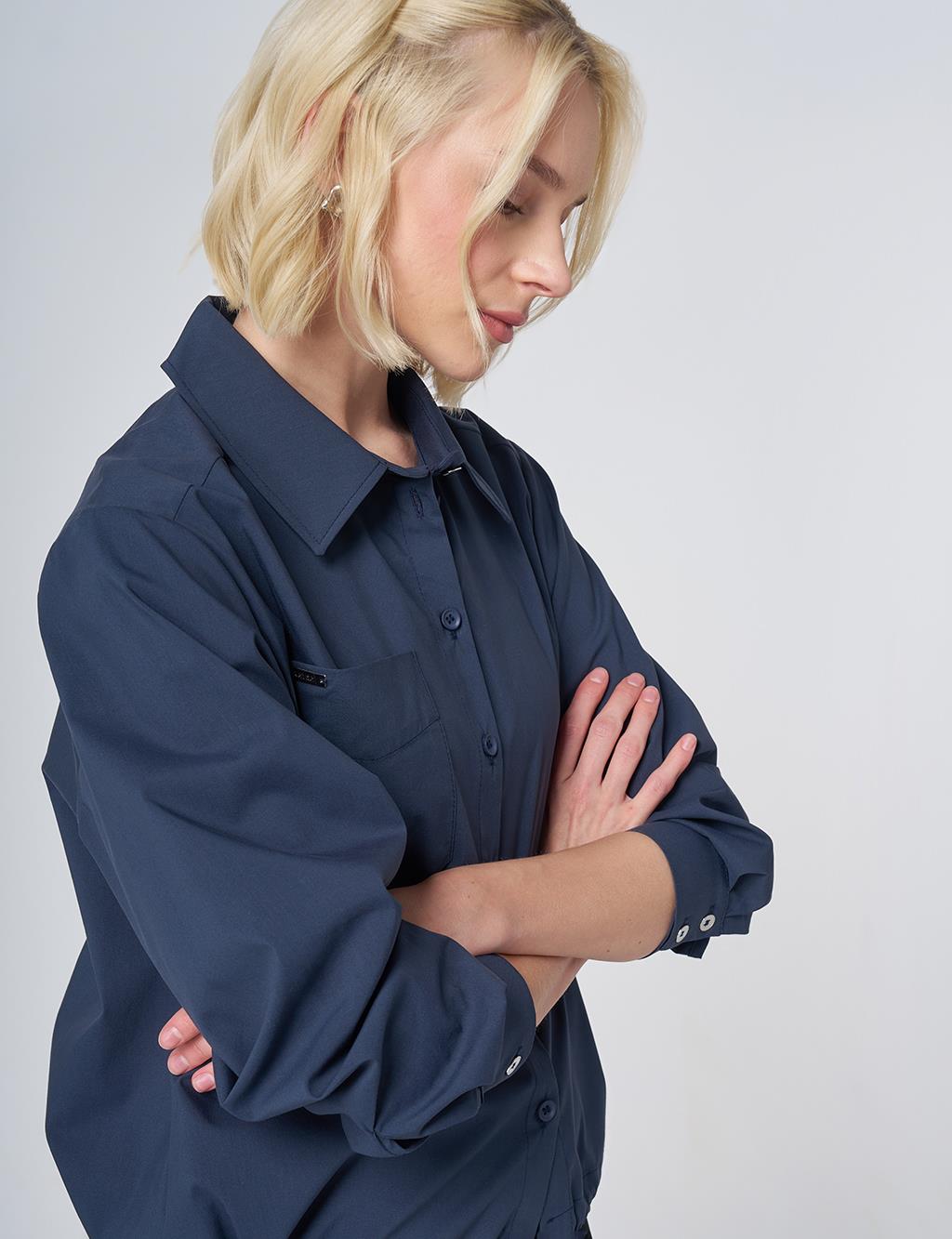 Pocket Detail Cotton Basic Blouse - Navy