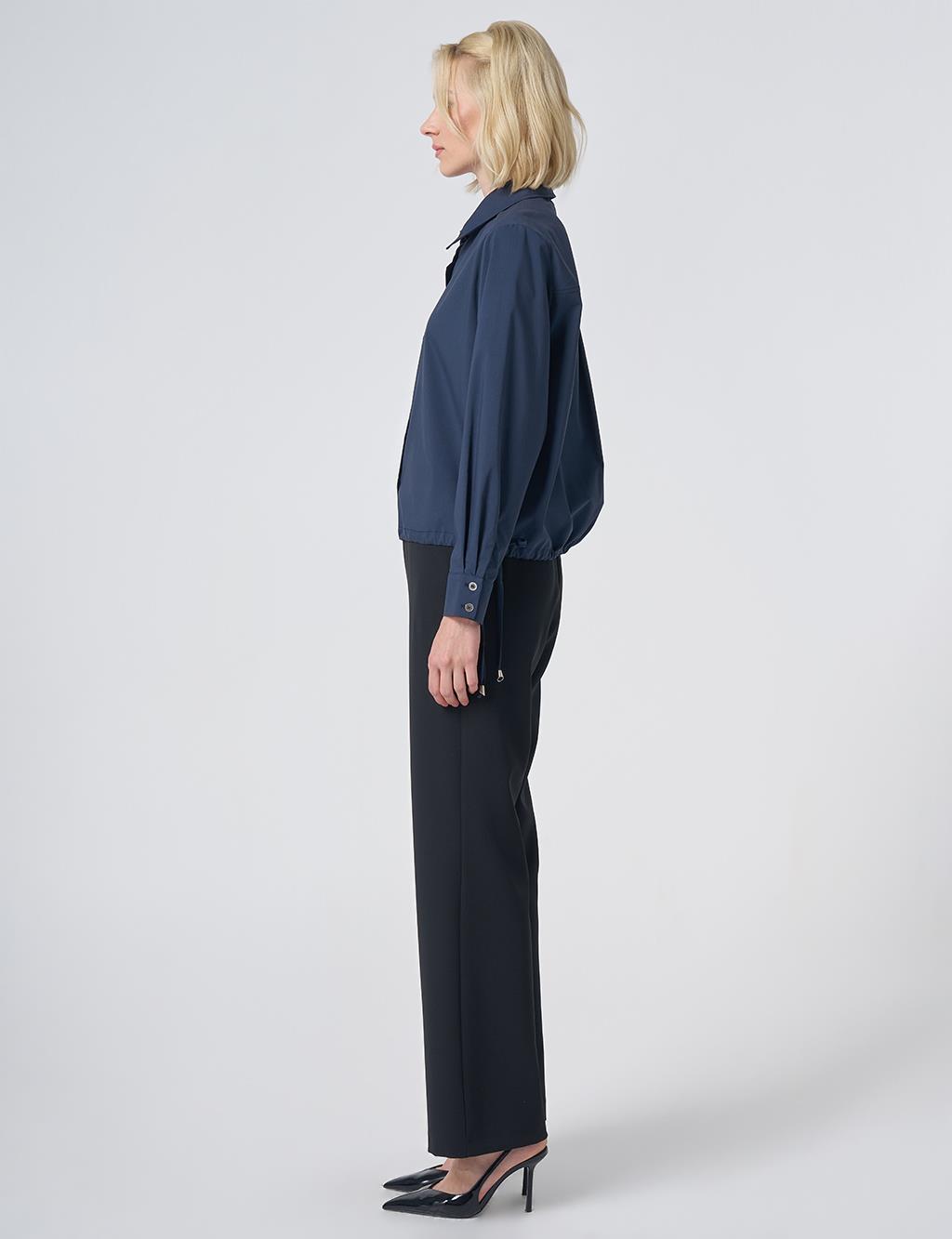 Pocket Detail Cotton Basic Blouse - Navy