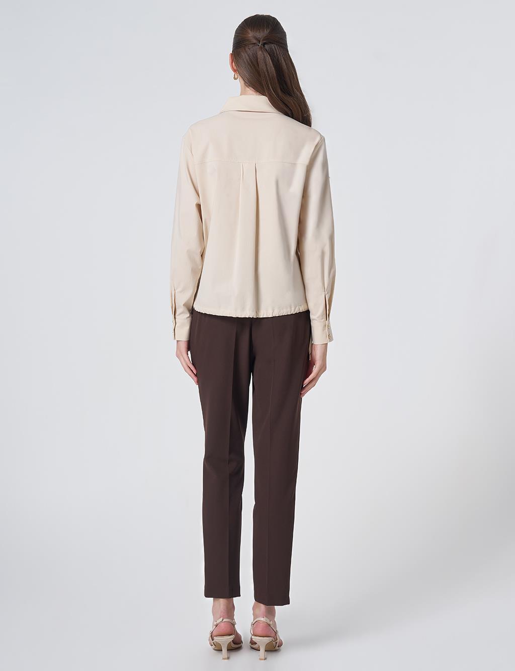 Pocket Detail Cotton Basic Blouse - Cream