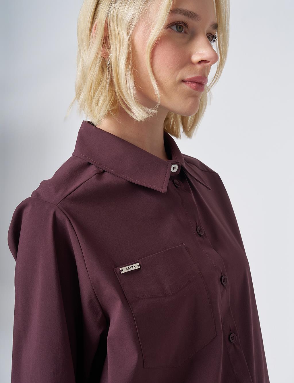 Pocket Detail Cotton Basic Blouse - Burgundy