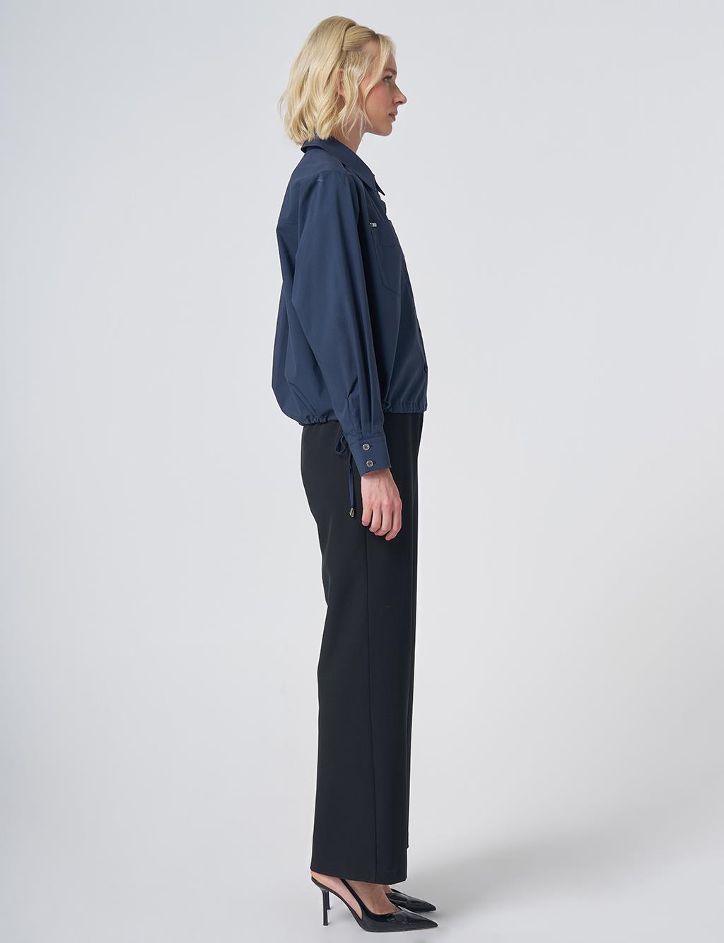 Pocket Detail Cotton Basic Blouse - Navy