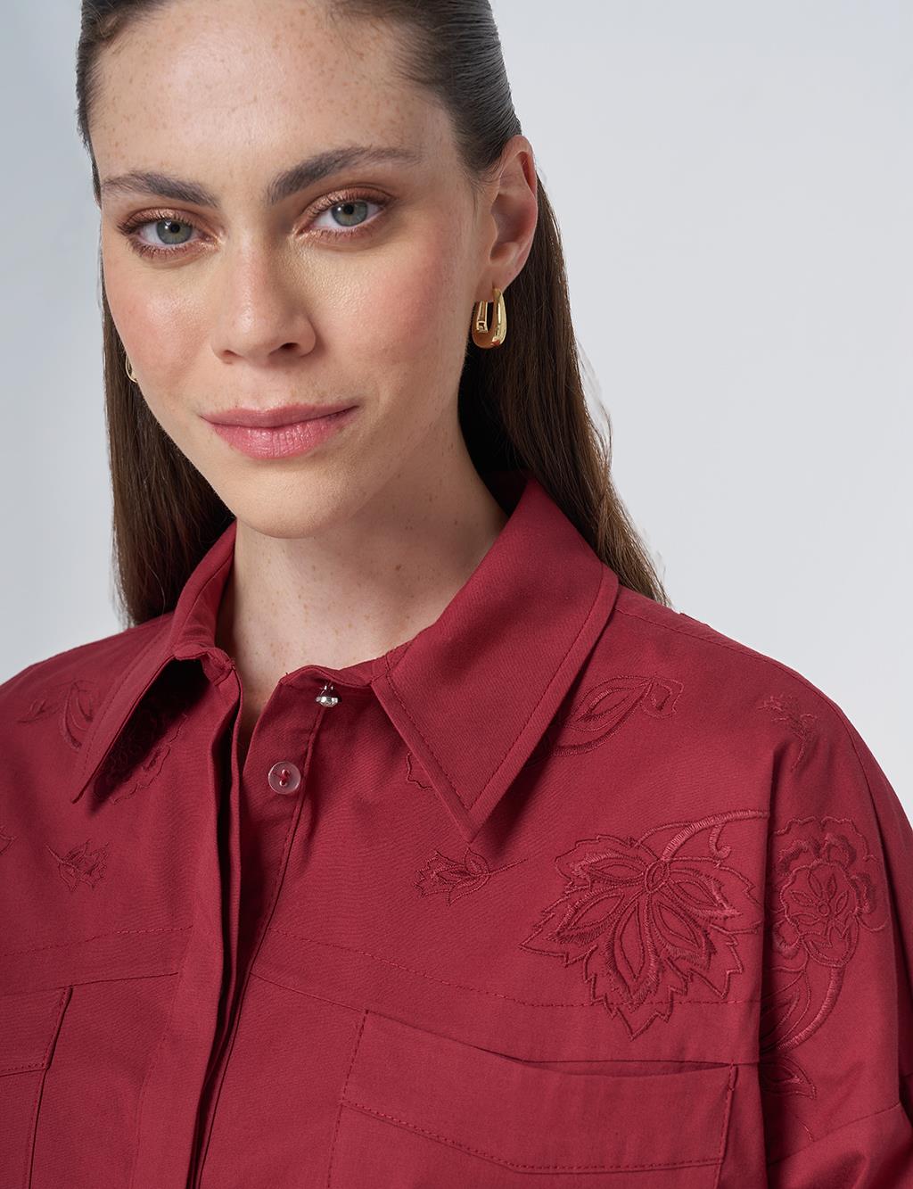 Embroidered Detail Cotton Tunic - Tibetan Red