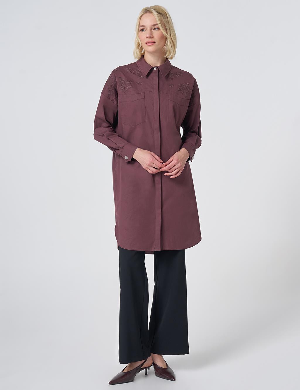 Embroidered Detail Cotton Tunic - Cocoa Powder