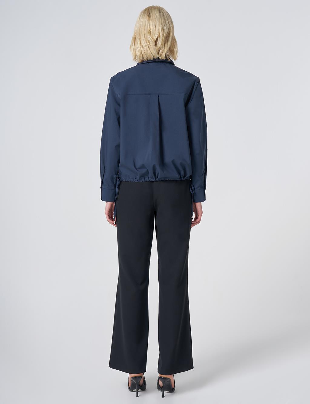 Pocket Detail Cotton Basic Blouse - Navy