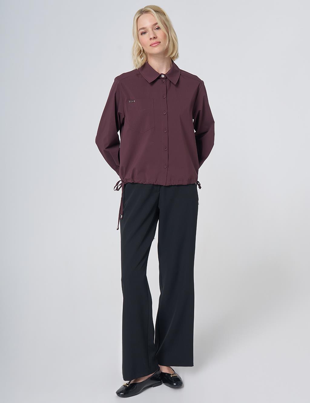 Pocket Detail Cotton Basic Blouse - Burgundy
