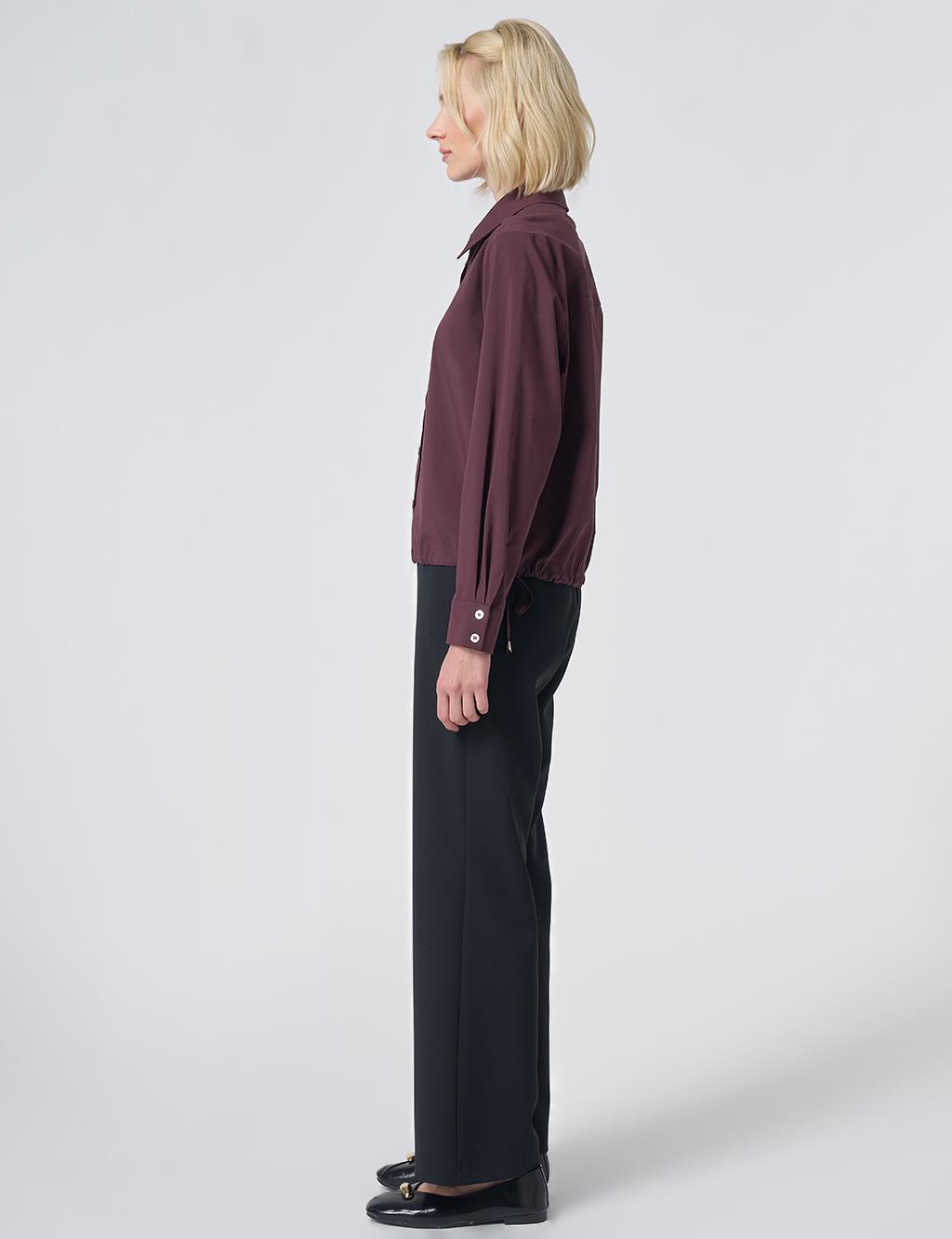 Pocket Detail Cotton Basic Blouse - Burgundy