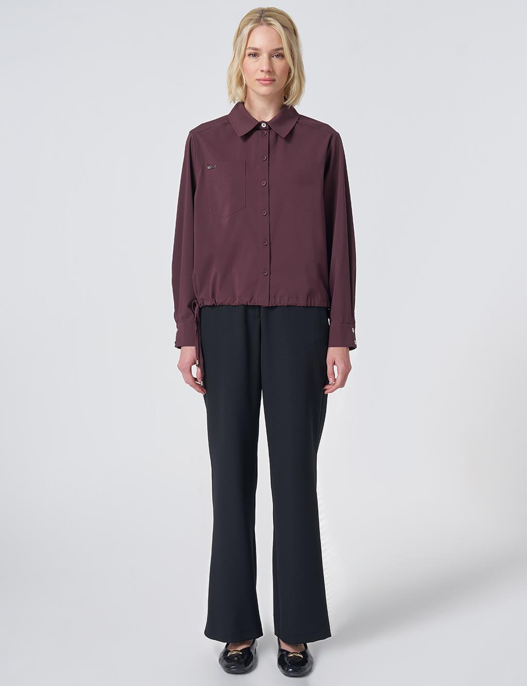 Pocket Detail Cotton Basic Blouse - Burgundy