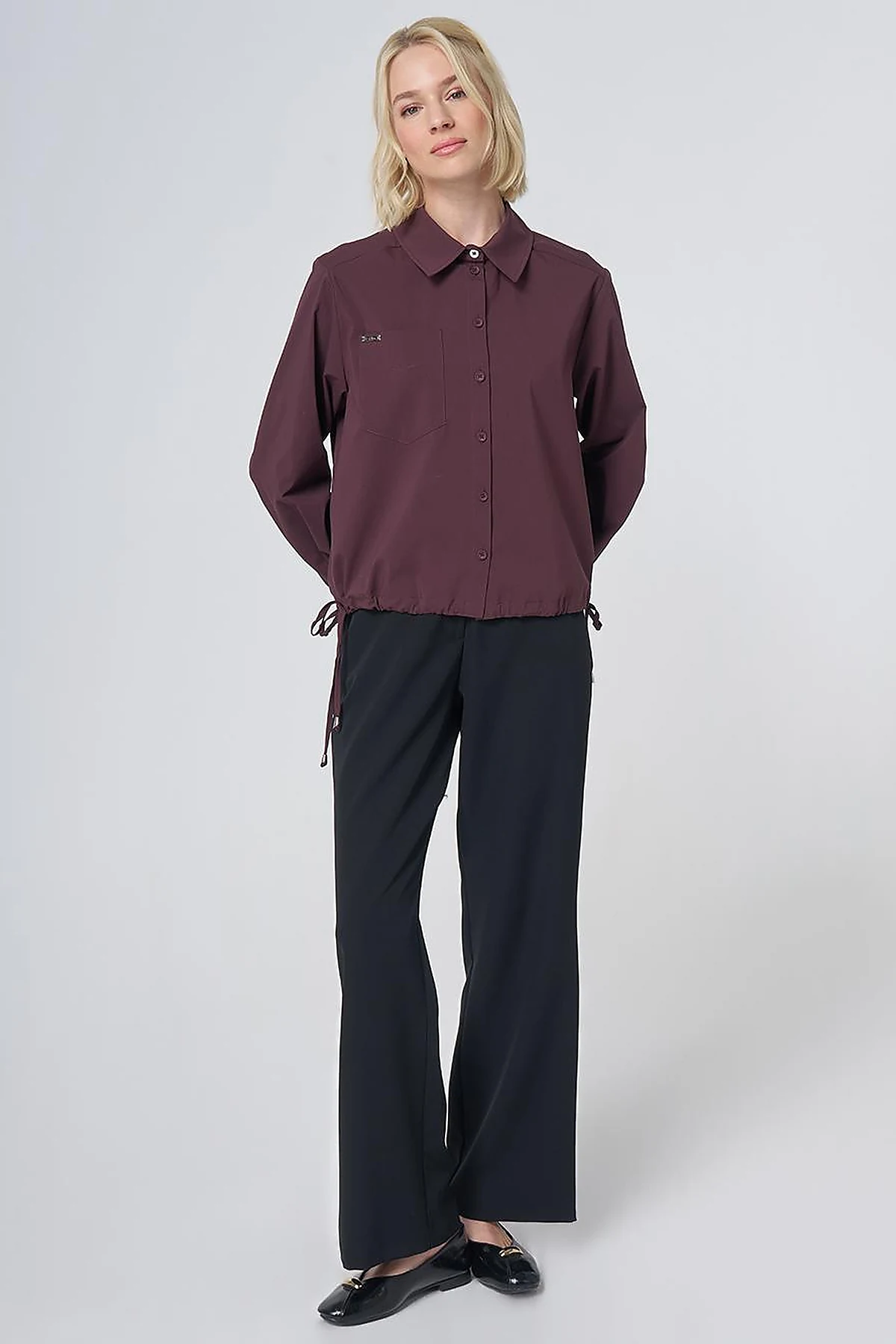 Pocket Detail Cotton Basic Blouse - Burgundy