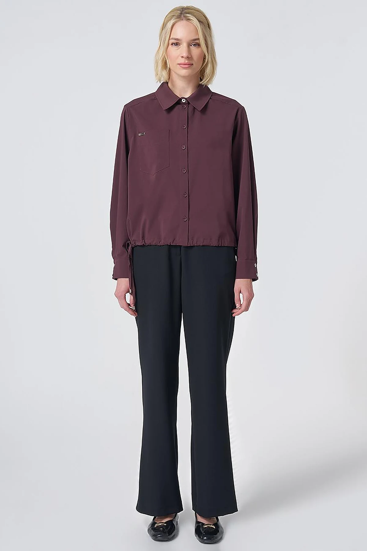 Pocket Detail Cotton Basic Blouse - Burgundy